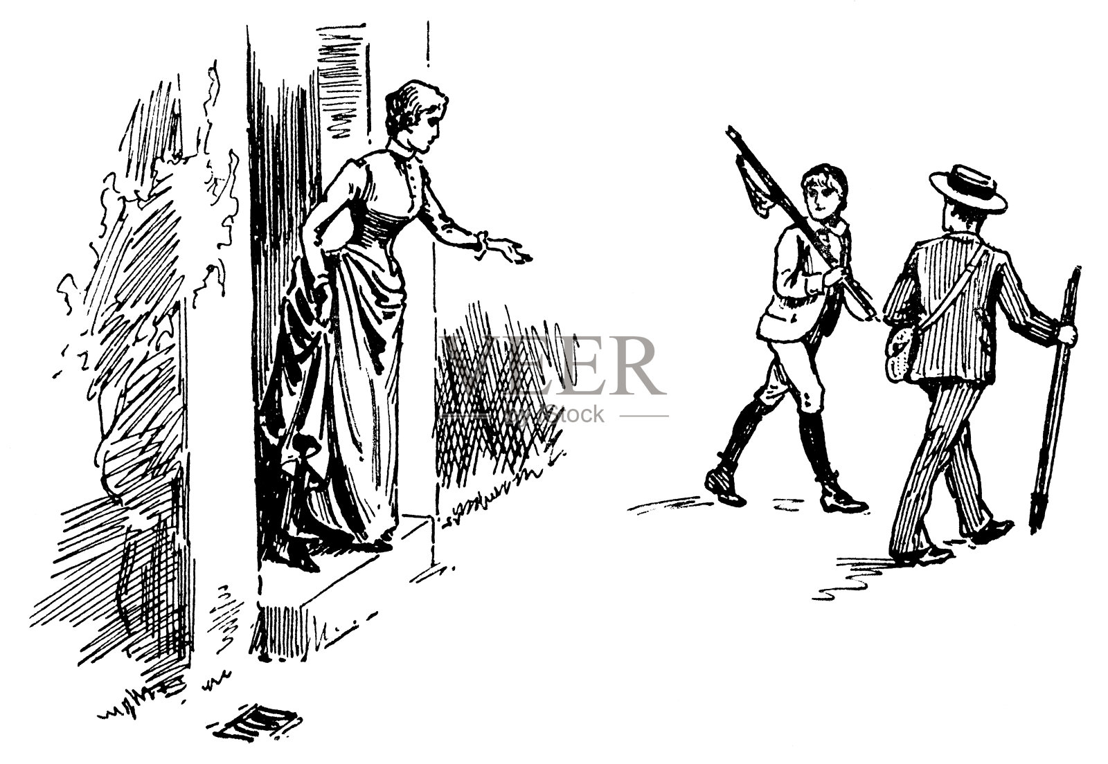 父亲和儿子外出钓鱼 - 19世纪插画图片素材