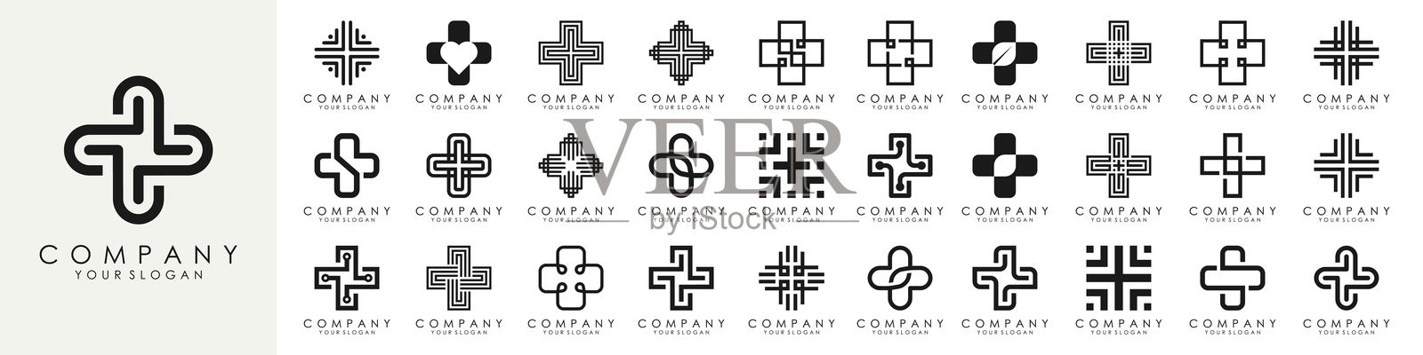 医疗十字标志设计模板集。孤立的加号图标符号用于医院、救护车、药房。健康护理徽章、标志的矢量集合。插画图片素材