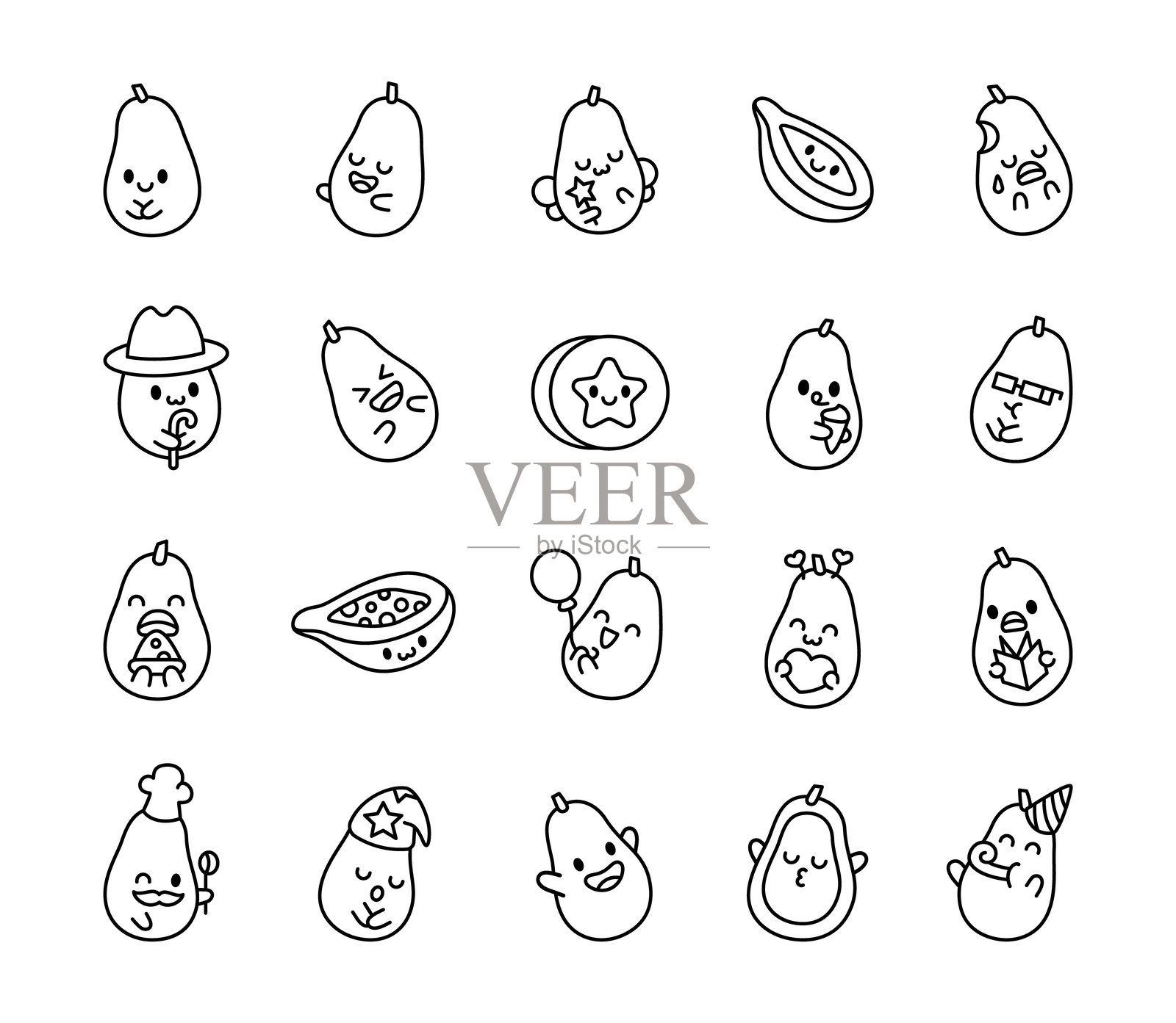 可爱的卡通风格的木瓜水果角色套装，展现各种情感、可爱的配饰和俏皮的表情，非常适合食品主题插图和创意设计。插画图片素材