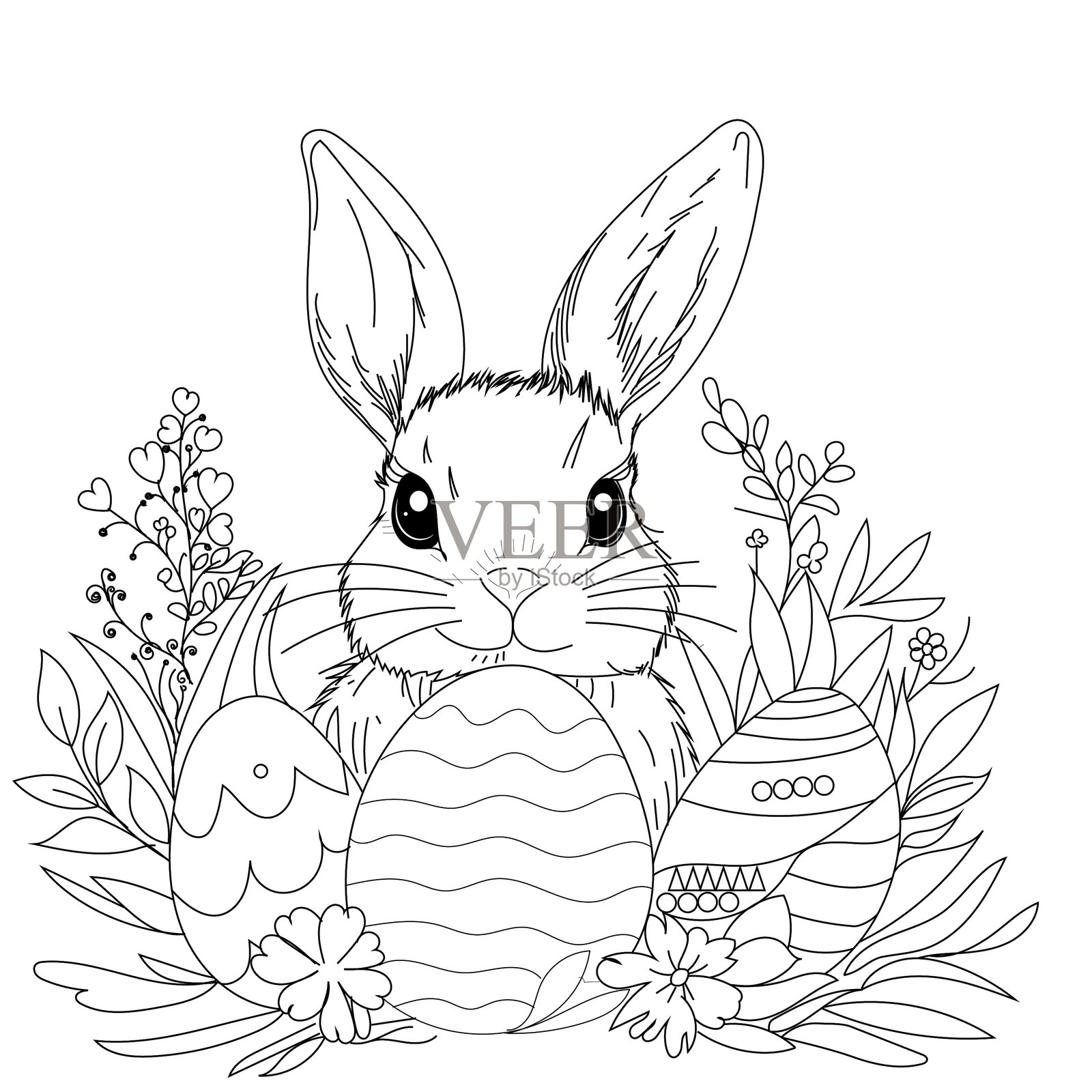 儿童涂色页，草地和花朵中的兔子和鸡蛋，复活节主题页插画图片素材