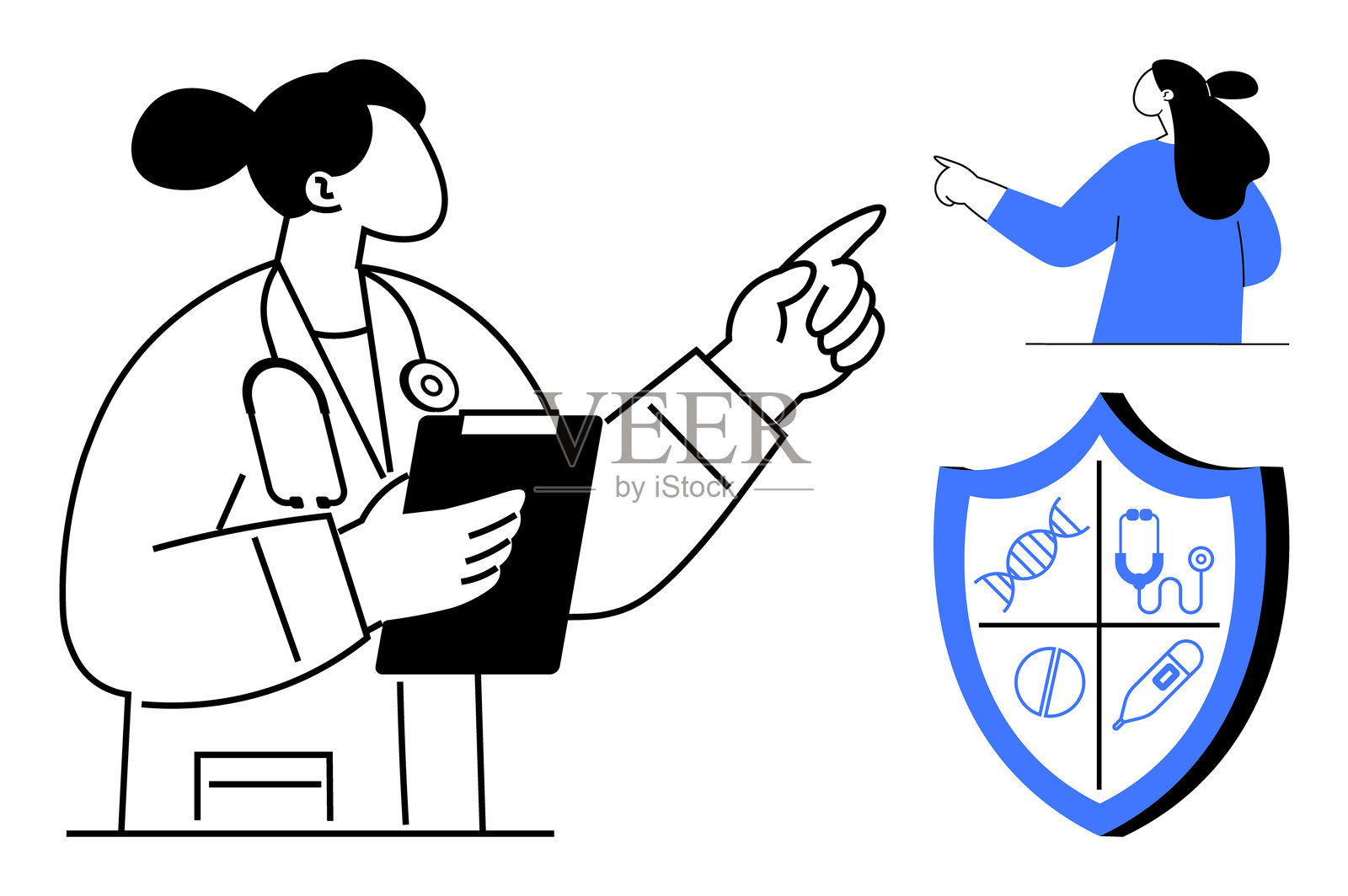 佩戴保护盾和DNA符号的医疗专业人士插画图片素材