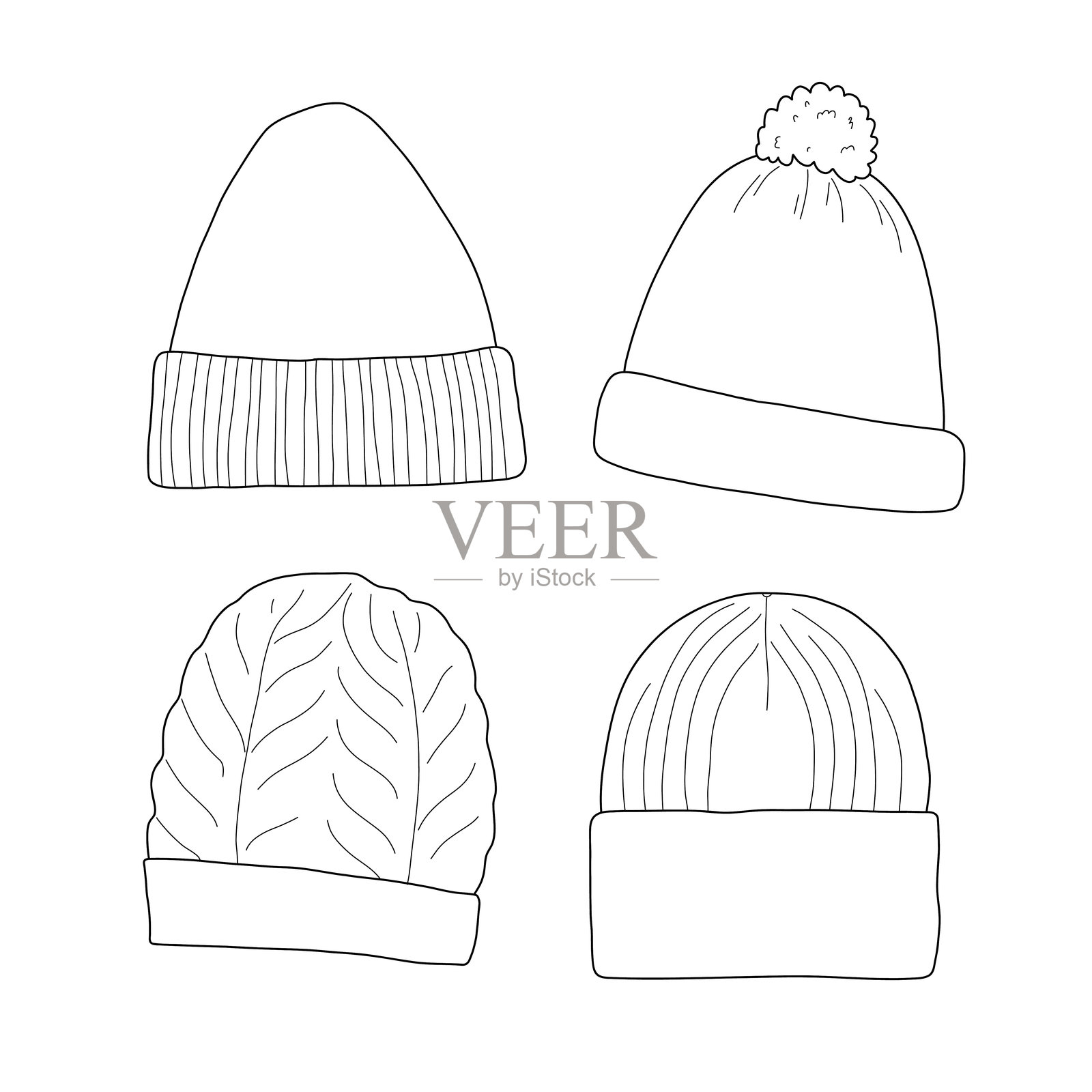 四款冬季帽子的矢量图，采用简约线条艺术风格。不同设计的针织帽，带有罗纹、麻花和球球细节。非常适合涂色书、印刷品和时尚草图。插画图片素材