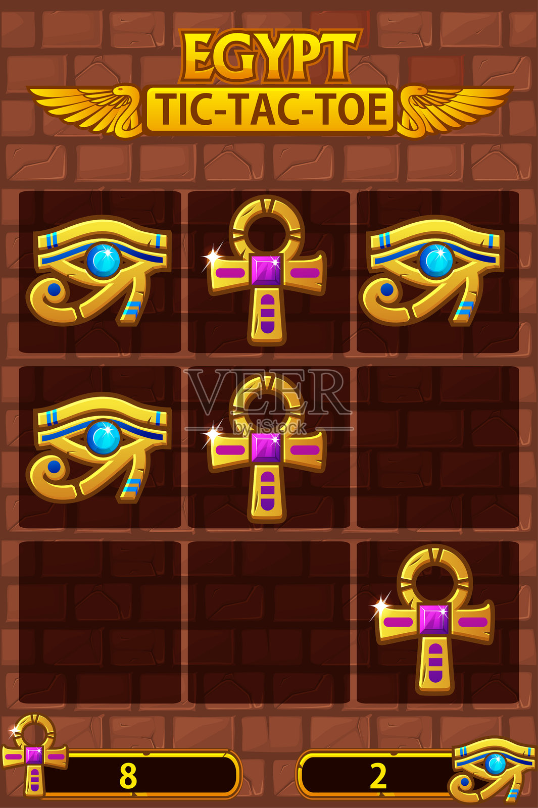 埃及主题的井字棋用户界面。适用于游戏开发的棋盘逻辑游戏。矢量策略游戏，圈圈与叉叉。插画图片素材