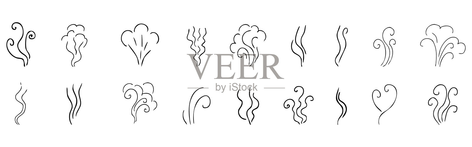 蒸汽烟雾手绘线条漫画涂鸦。香气轨迹、云朵或风的轮廓。热空气香味蒸发的集合。矢量插图插画图片素材