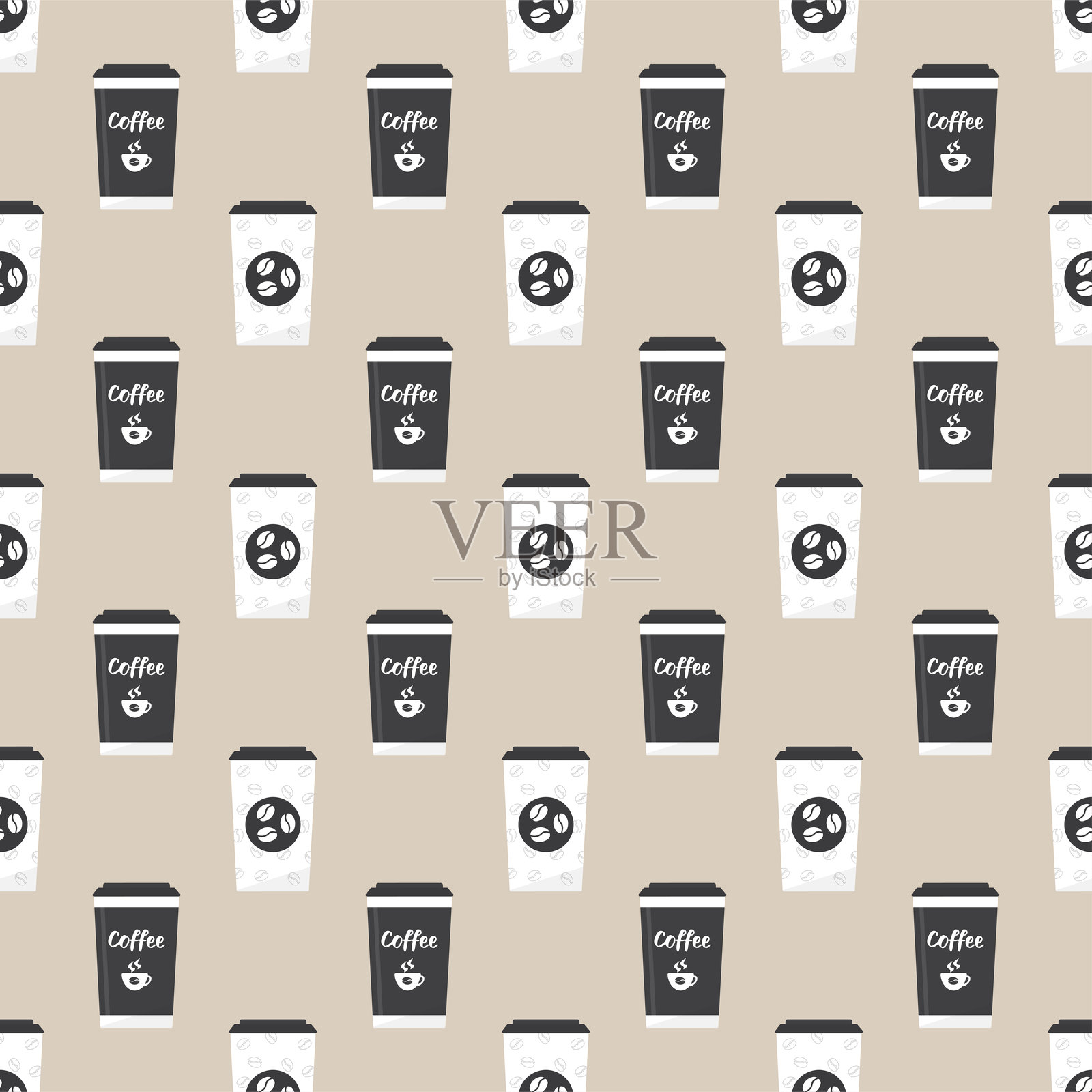 咖啡休息，暂停。各种咖啡杯的无缝图案。外带咖啡，带杯子的纹理图案。壁纸模板。插画图片素材