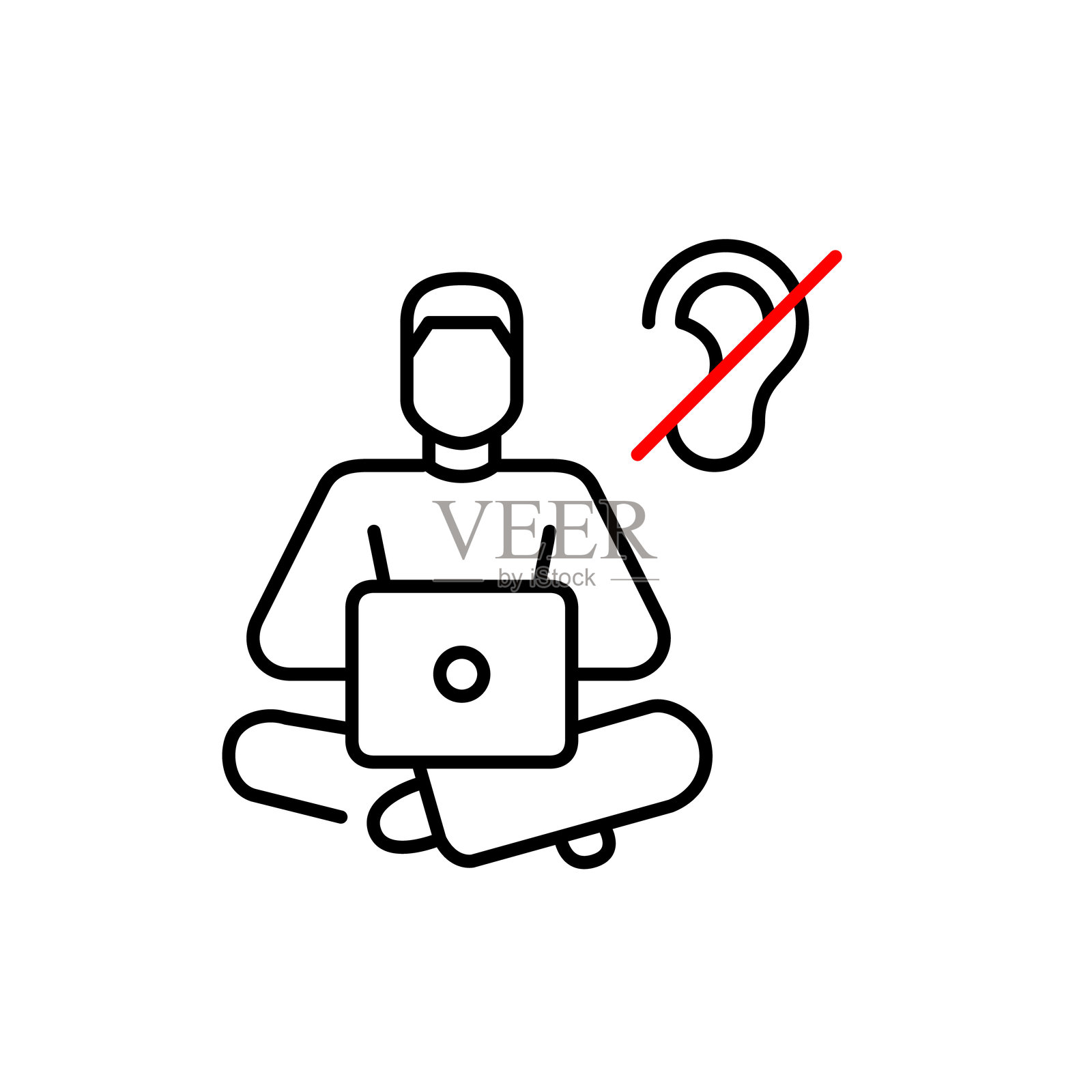 在家使用笔记本电脑工作的男性，耳朵上有红色交叉线。为聋人或听力障碍人士提供的数字工作空间的无障碍设计。高效的无噪音工作环境。像素完美的矢量图标。插画图片素材