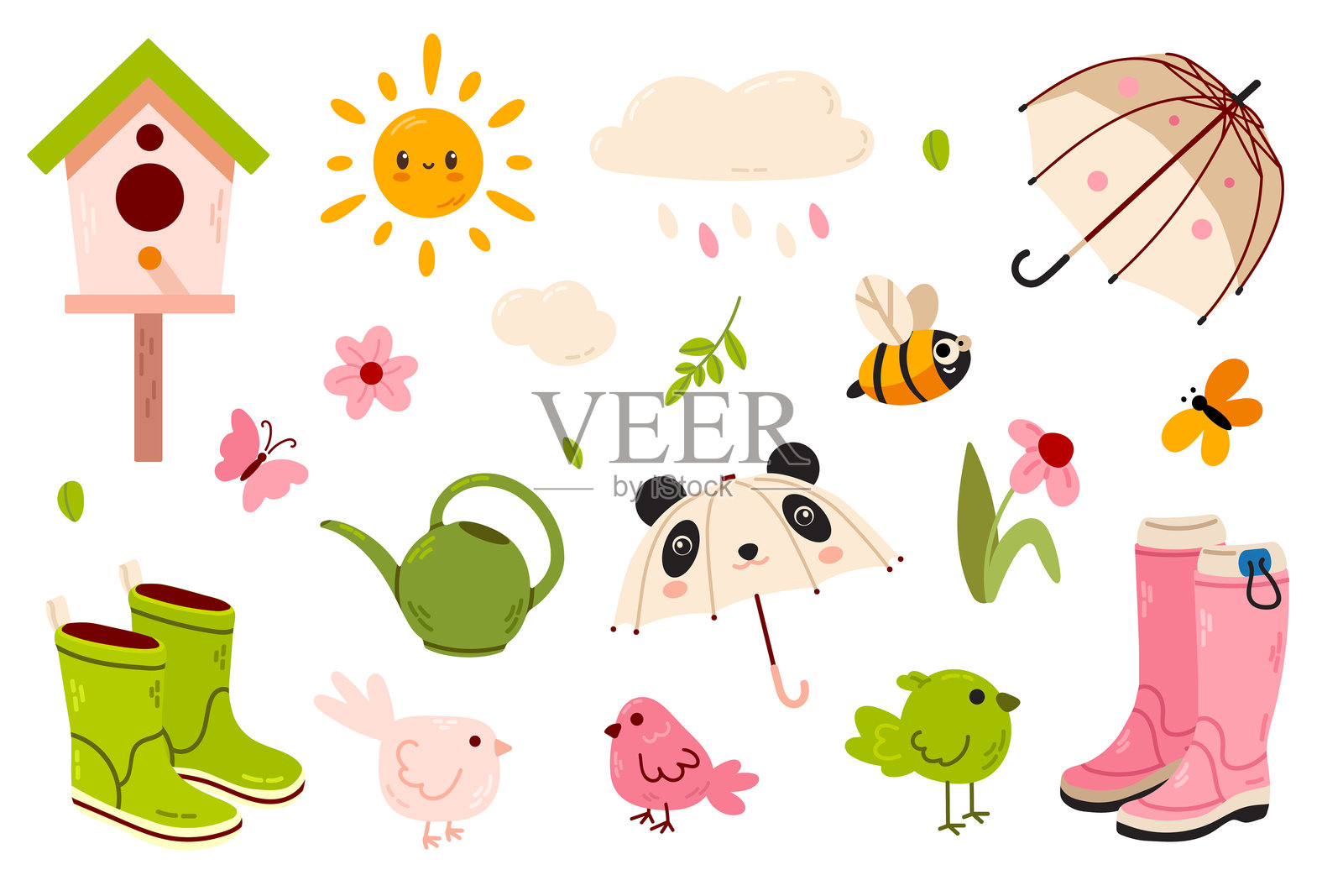 可爱的春季柔和色调元素套装，包括鸟屋、花朵、靴子、鸟、水壶和雨伞。非常适合剪贴簿、邀请函和数字手工艺。插画图片素材