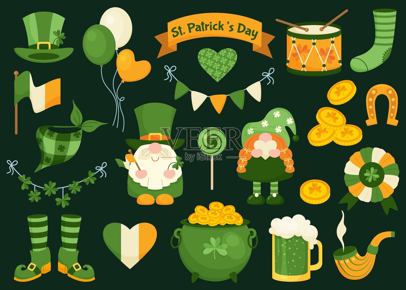 圣帕特里克节的假日套装。传统节日元素的矢量插图。适合用于贴纸、明信片、海报和传单。插画图片素材