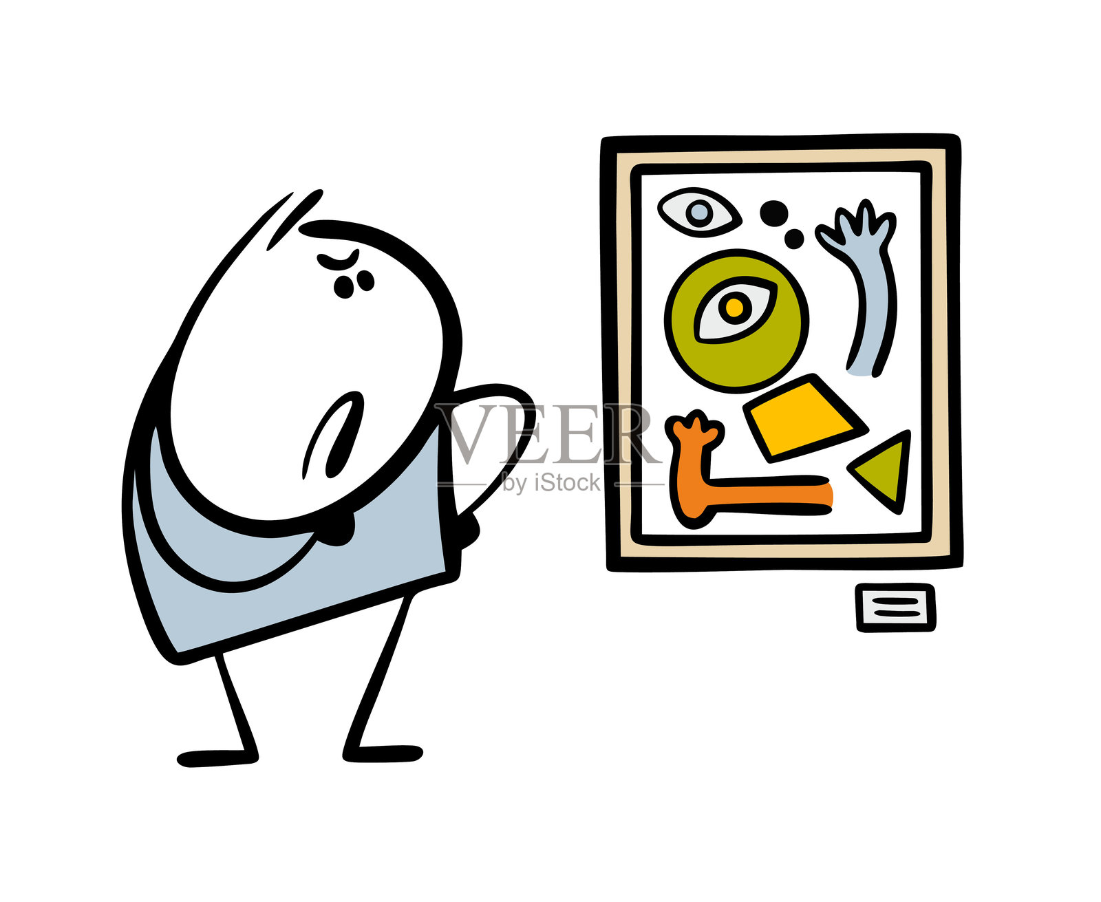 男人对立体派画作感到不满。矢量插图，参观者不理解艺术。博物馆里的火柴人和世界名画的杰作。孤立的搞笑角色。插画图片素材