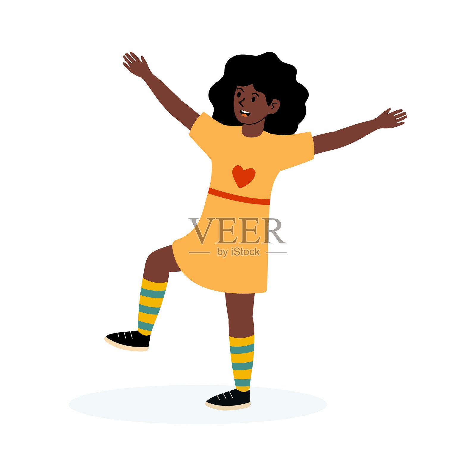 年轻女孩穿着心形图案的欢快服装快乐地跳舞插画图片素材