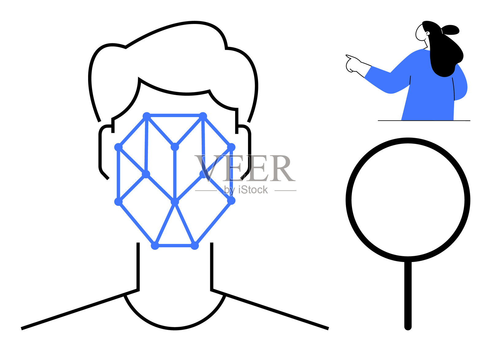 带有面部识别网格的人头轮廓和指向放大镜的观察者插画图片素材