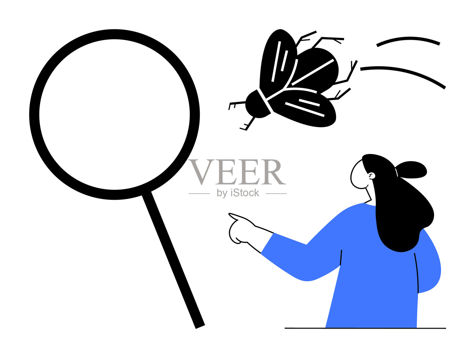用放大镜指着飞虫的人物符号插画图片素材