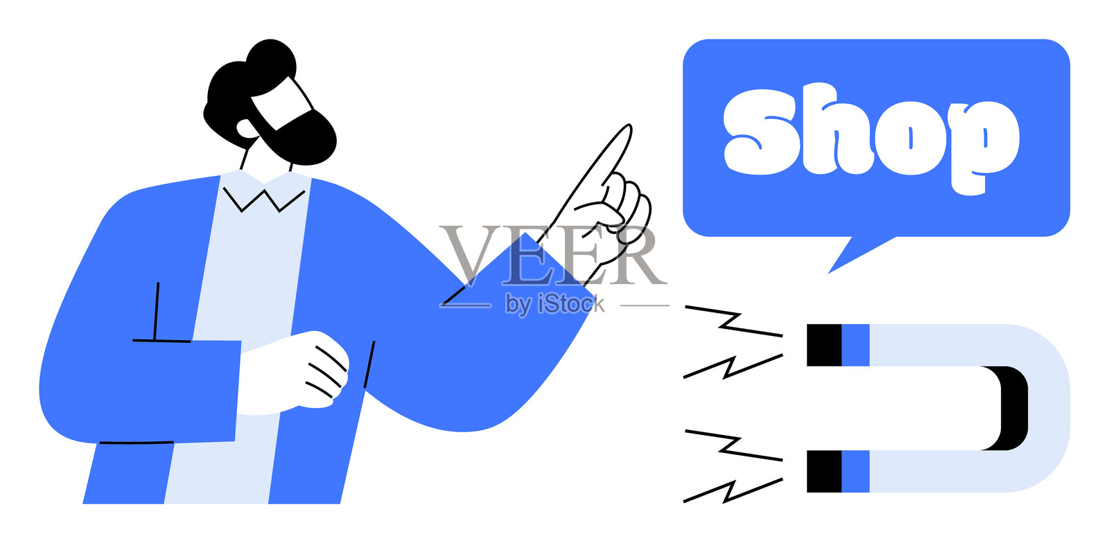 男人指向购物，展示磁性吸引的概念插画图片素材