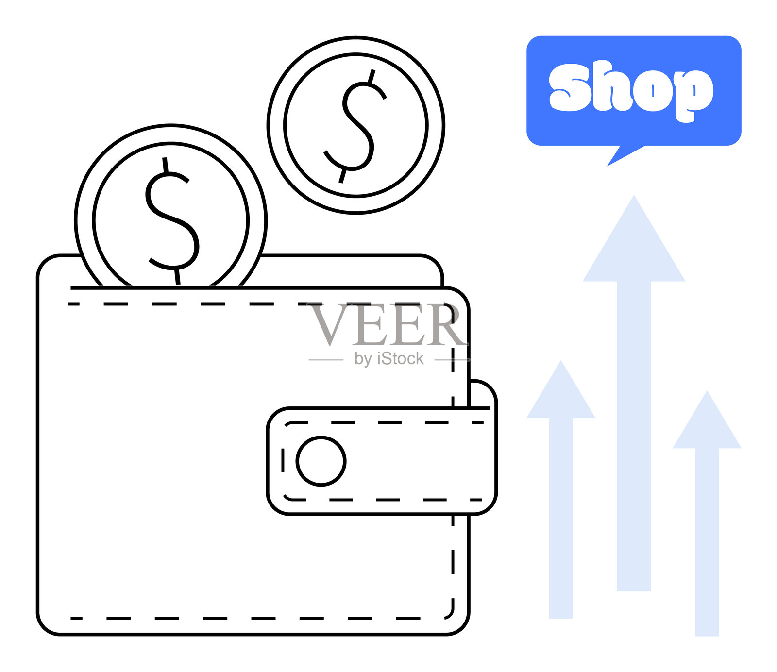 蓝色气泡中带有“商店”字样的数字钱包轮廓，旁边有硬币和增长箭头插画图片素材