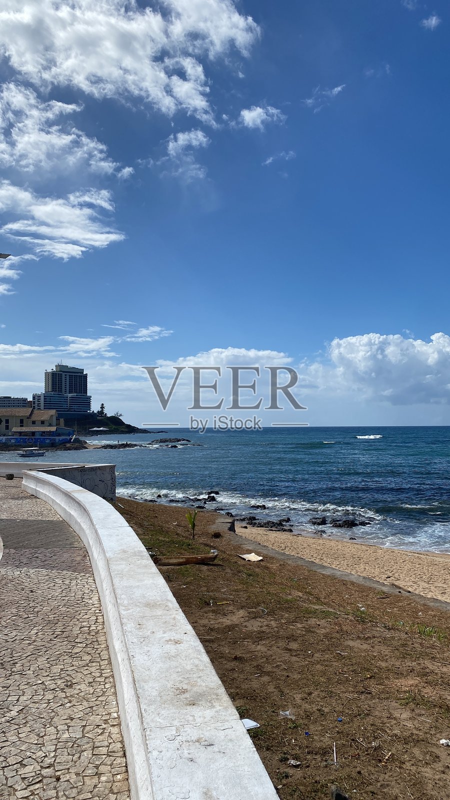 海岸海景，阳光明媚的沙滩、碧蓝的海水和摇曳的棕榈树。这一热带场景体现了悠闲的优雅，非常适合旅行、旅游和生活方式项目。照片摄影图片