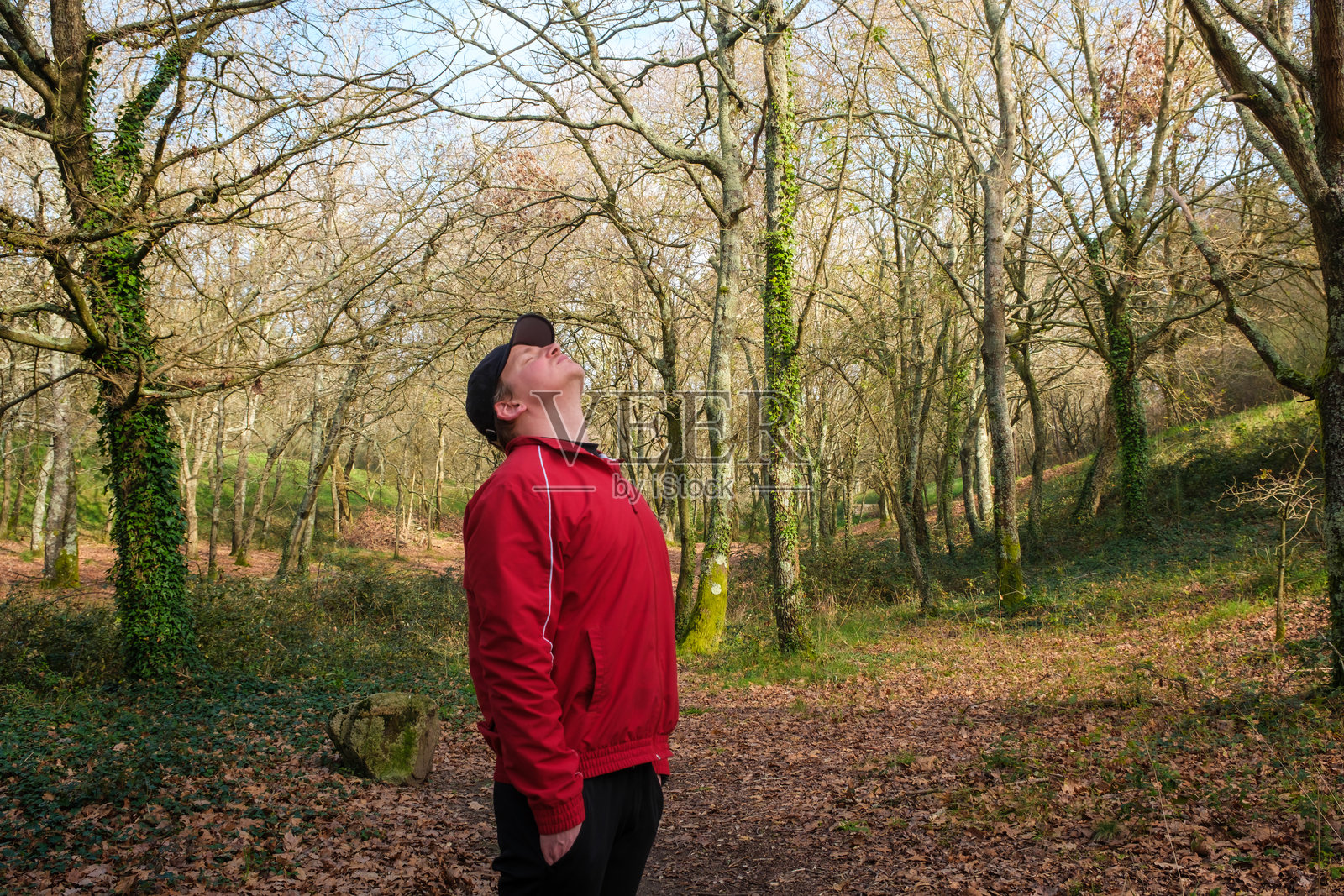 年轻男子在冬季的森林中呼吸新鲜空气照片摄影图片