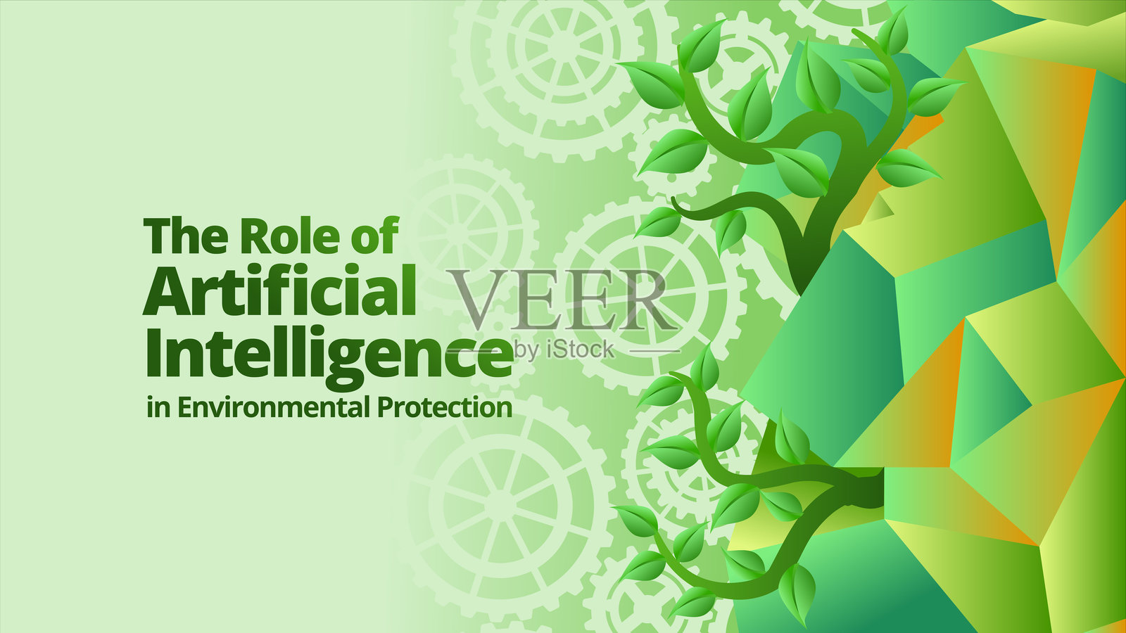 人工智能在环境保护中的作用概念。抽象多边形，带有绿色植物和齿轮，体现绿色理念。模板矢量插图。插画图片素材
