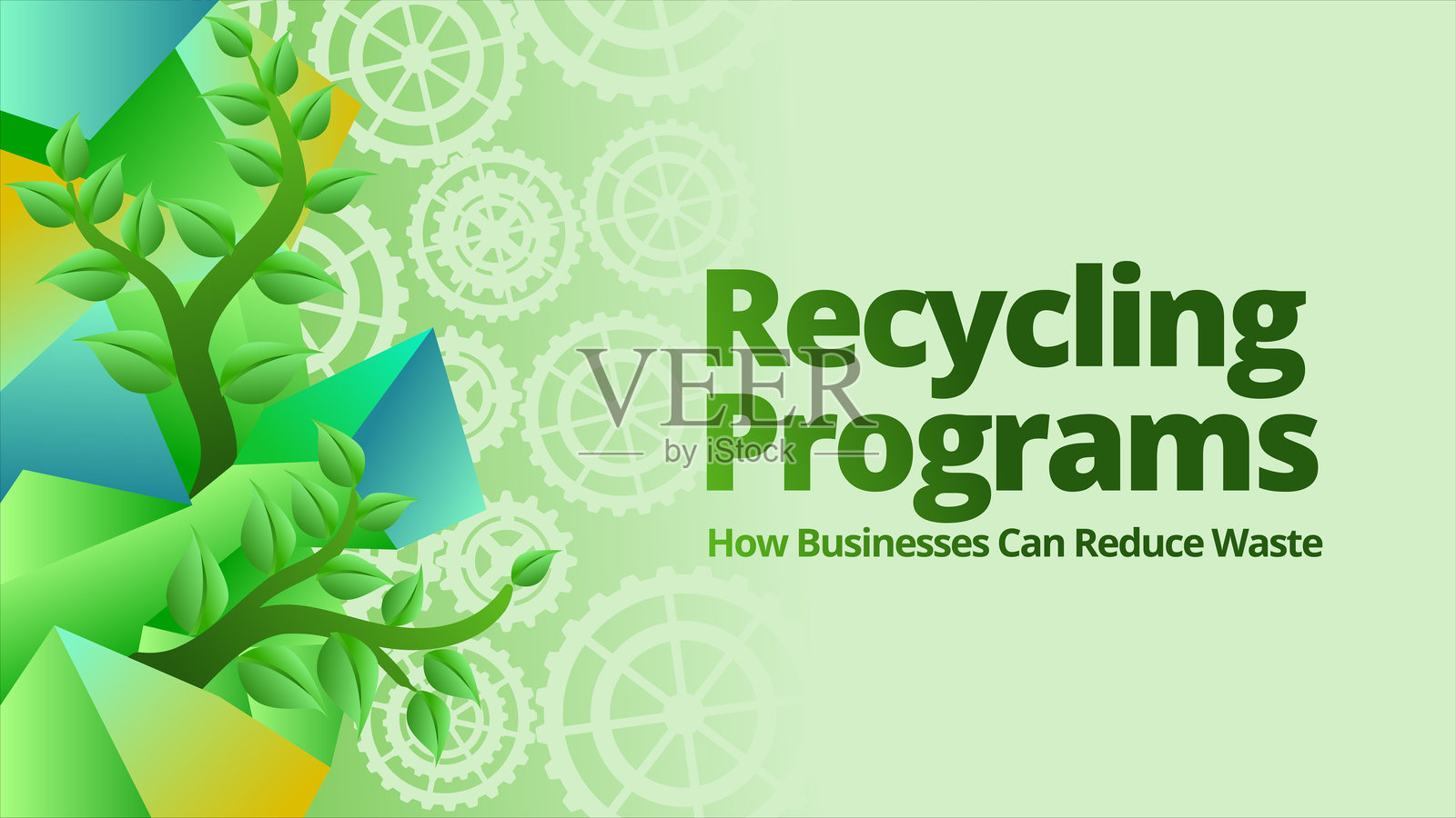 回收计划：企业如何减少废物的概念。抽象多边形与绿色植物和齿轮结合的环保概念。模板矢量插图。插画图片素材