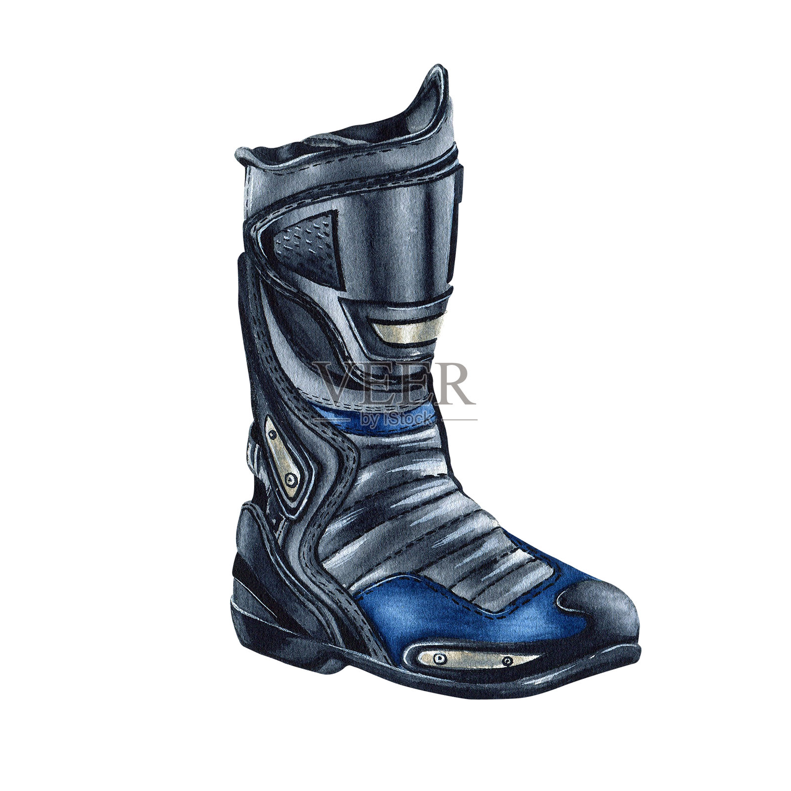 右侧摩托车靴。摩托鞋。骑行者的腿部保护。摩托装备特征。水彩插图，背景独立。用于摩托车在线商店网页设计，交通安全文章。插画图片素材