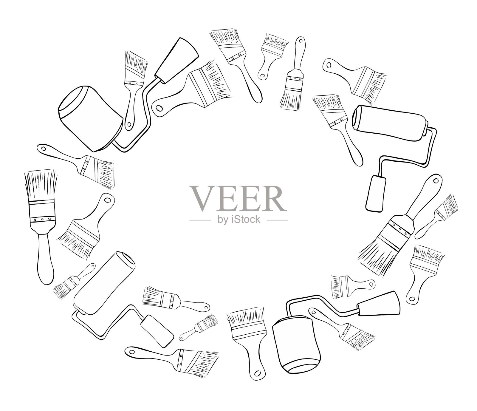 画家工具椭圆框架，带有图形线条的墨水矢量，画笔和滚筒。黑白插图展示了绘画和绘图工具。插画图片素材