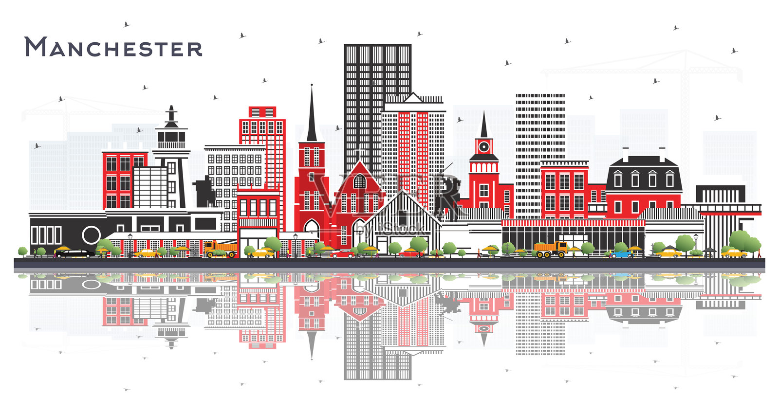 新罕布什尔州曼彻斯特市天际线，灰色建筑与白色背景的倒影。商业旅行和旅游概念，结合历史与现代建筑。曼彻斯特美国城市风景。插画图片素材
