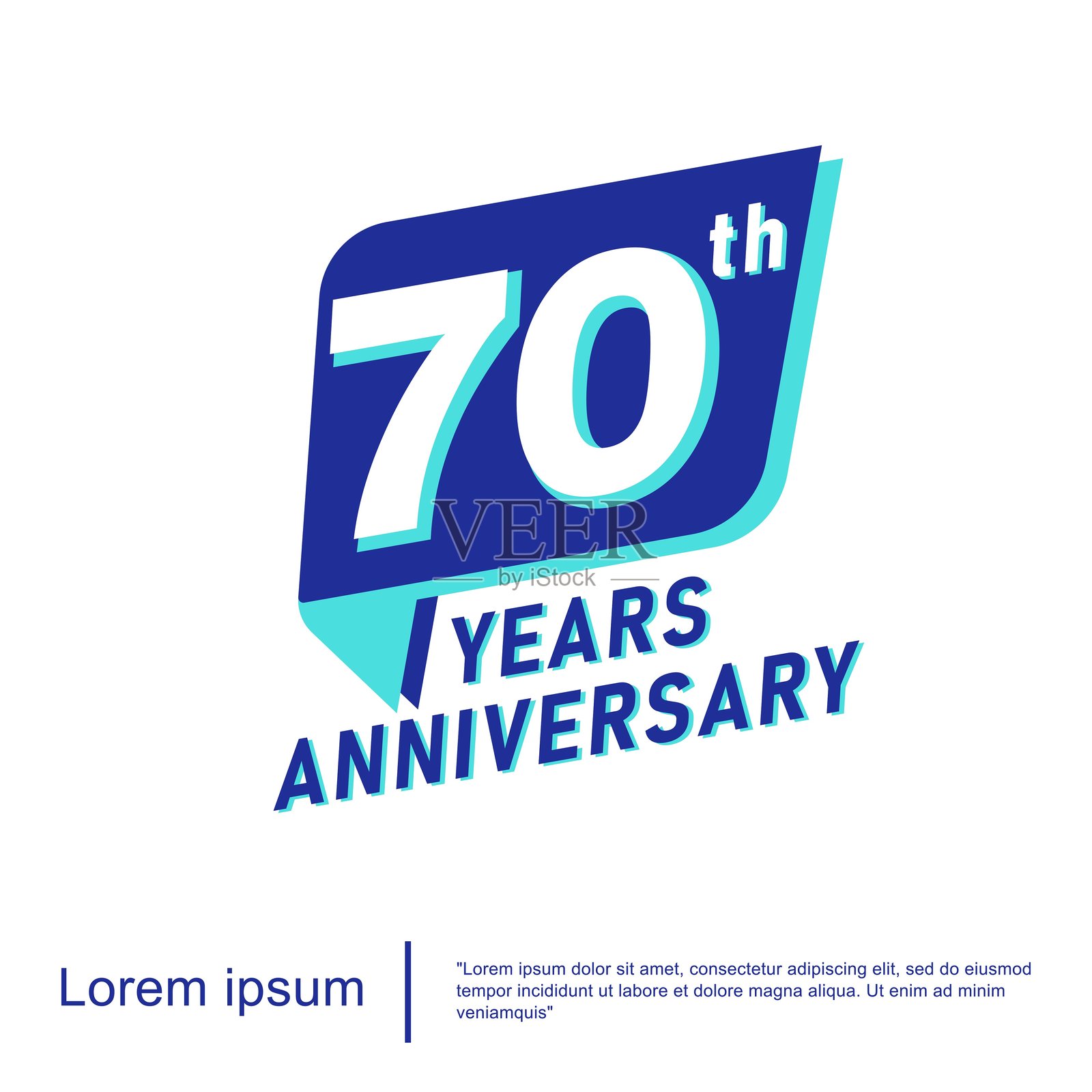 70周年庆典徽章。带有蓝色丝带的周年纪念标志，背景为白色。适用于网页、传单、海报、邀请卡和贺卡的矢量插图设计模板。插画图片素材