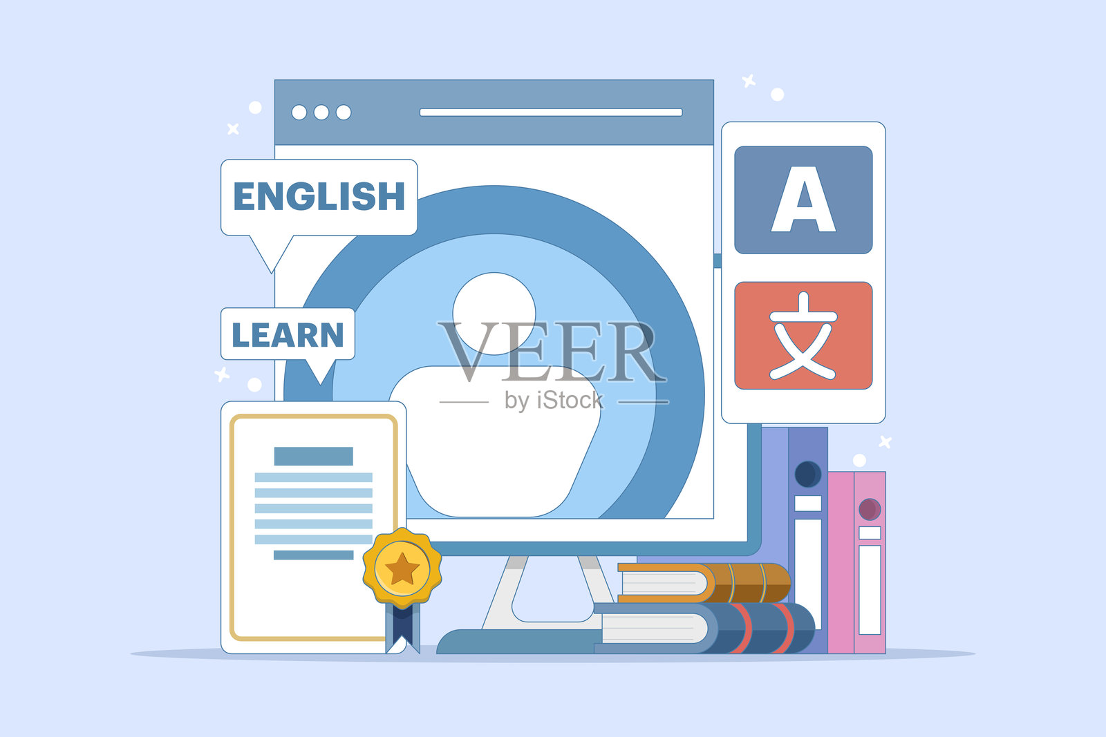 在线英语教育课程，配有个人电脑、证书框、书籍、私人辅导服务、网络课程、在线教学。在线辅导。数字营销插图。插画图片素材