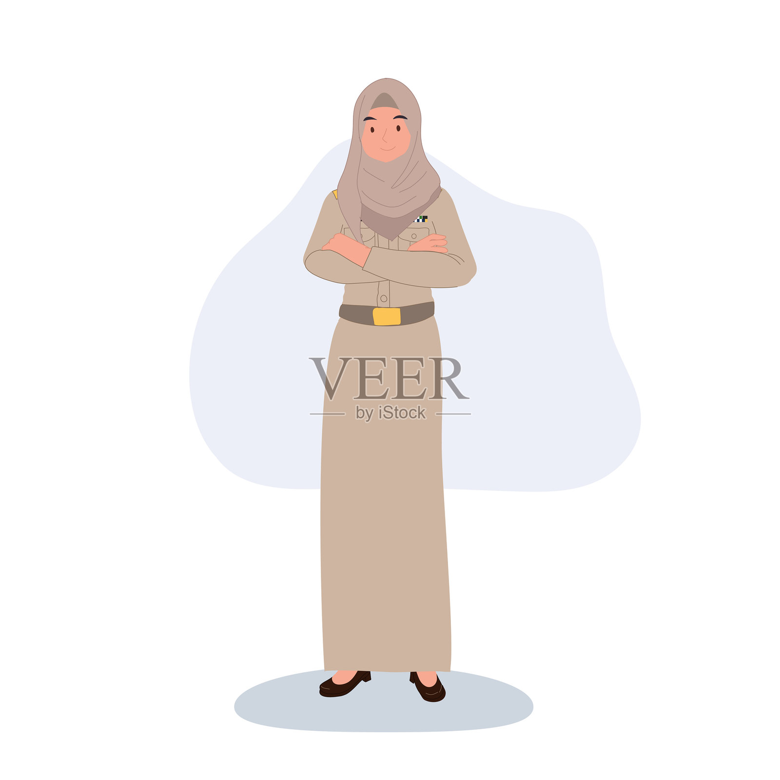 身穿泰国官方服装的专业穆斯林女性教育工作者自信地双臂交叉站立。插画图片素材