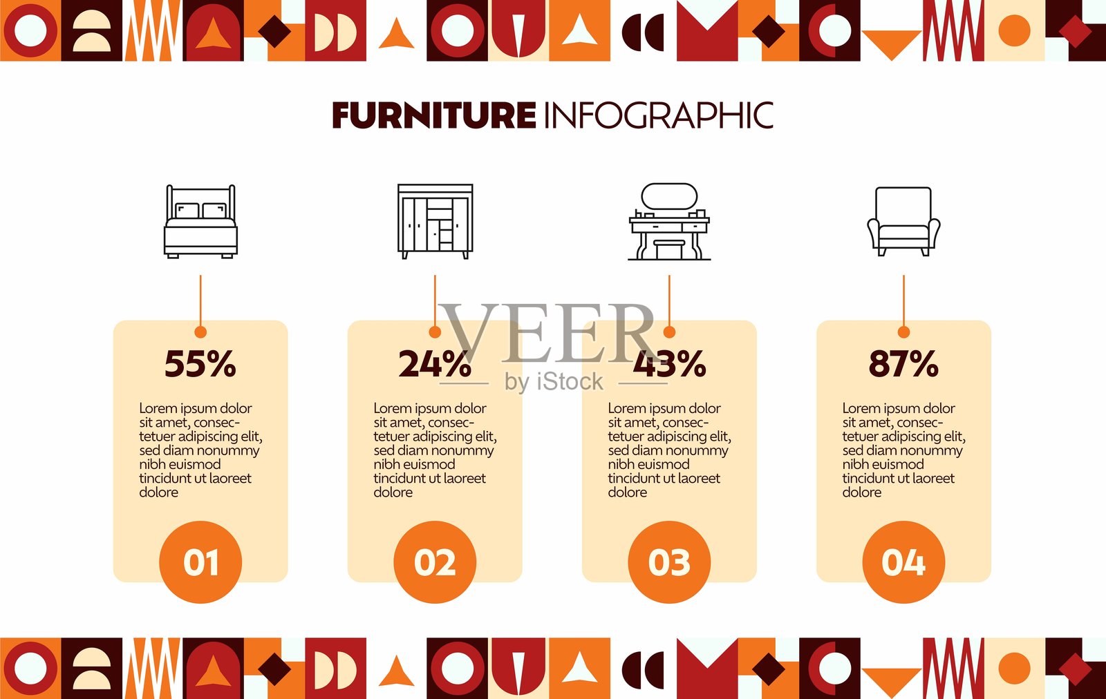 家具相关的信息图设计，带有线条图标。简单的轮廓符号图标。插画图片素材