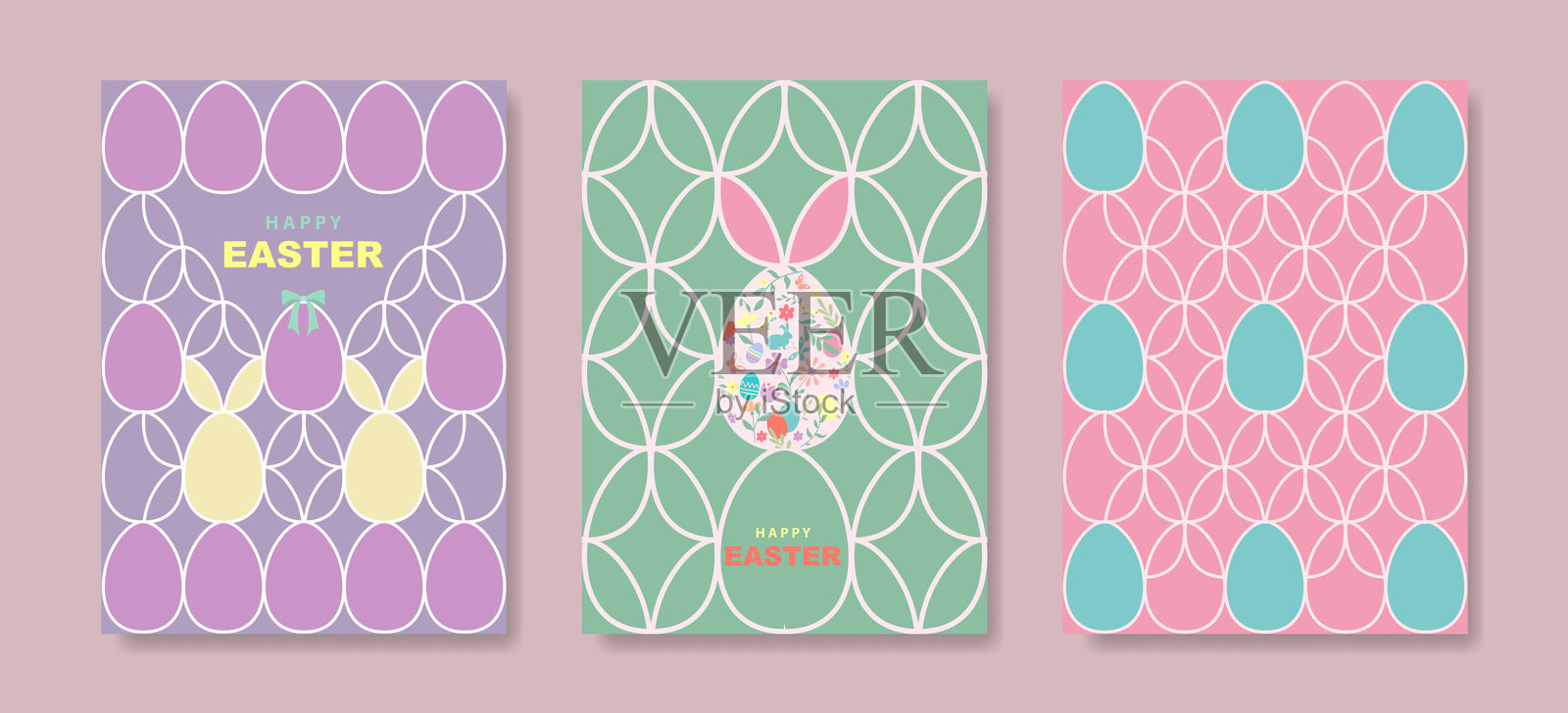 快乐复活节贺卡，现代扁平设计图案，包含彩蛋和兔子，采用柔和色彩风格。节日春季封面。彩色背景上的矢量插图，留有空白空间。插画图片素材