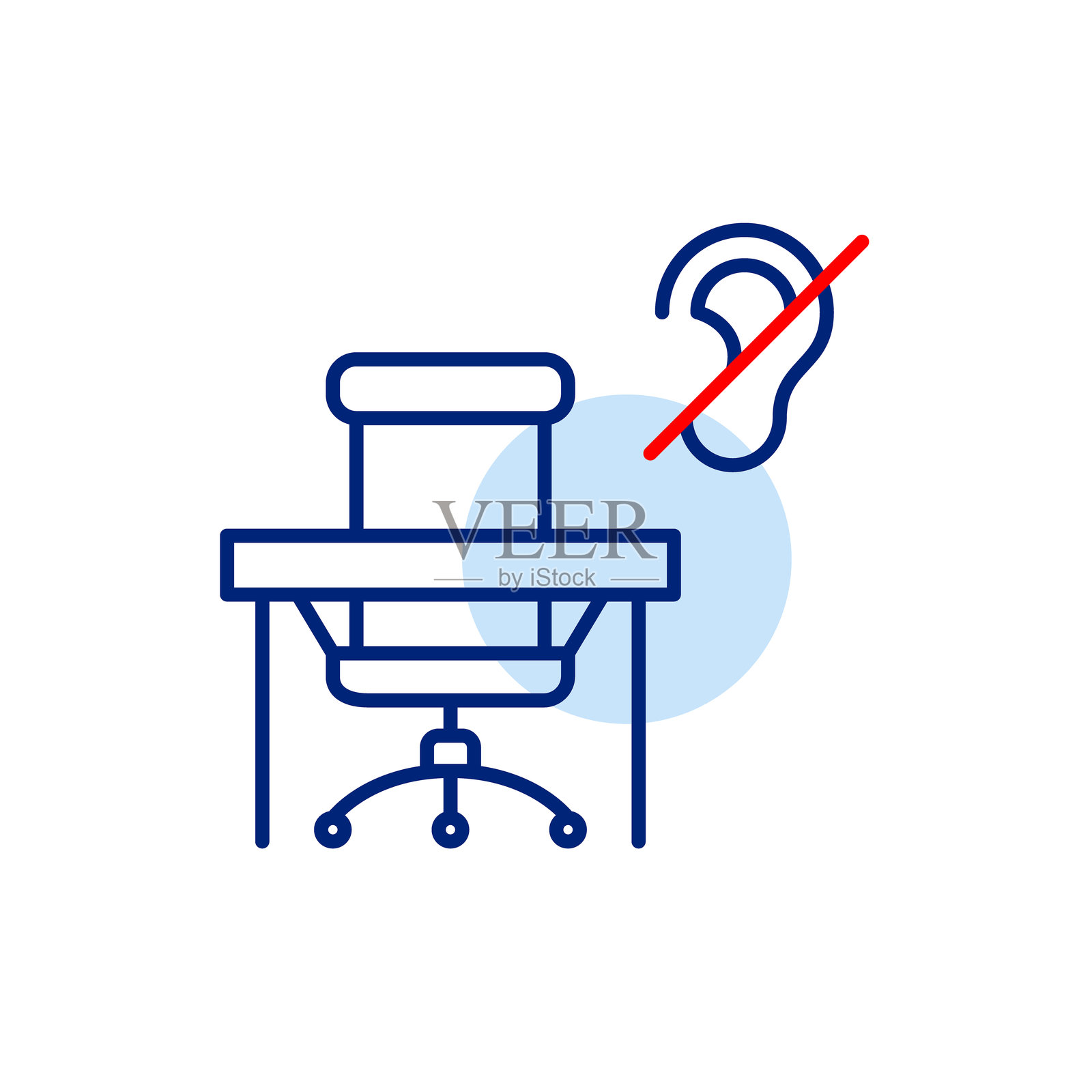 办公桌上的办公椅，耳朵上有红线交叉。为聋人或听力障碍人士提供数字工作空间的无障碍设施。高效的无噪音工作环境。像素完美，可编辑的线条图标。插画图片素材