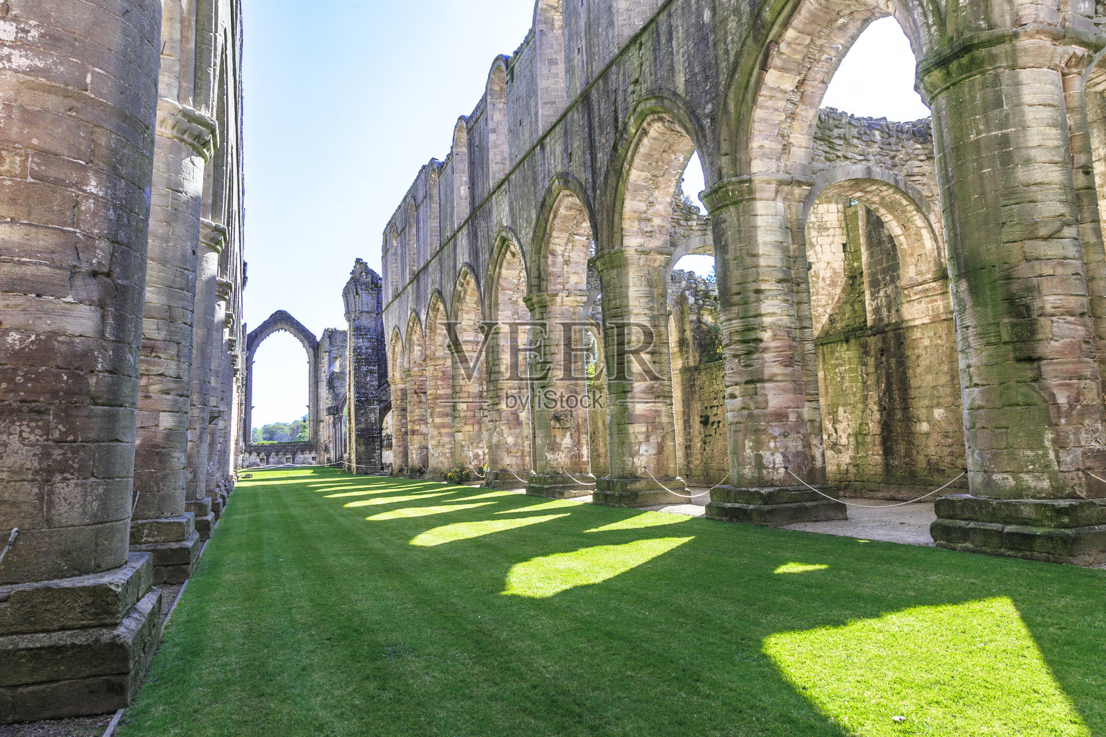 英格兰，北约克郡，里彭。喷泉修道院，斯塔德利皇家。联合国教科文组织世界遗产。国家信托，西多会修道院。教堂遗址朝向中殿。照片摄影图片