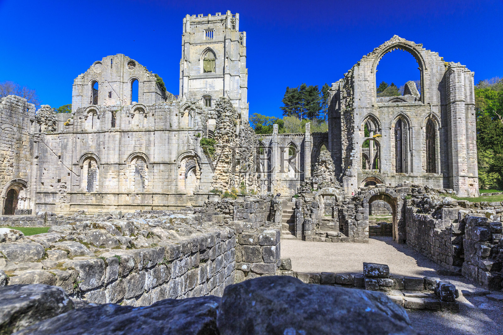 英格兰，北约克郡，里彭。喷泉修道院，斯塔德利皇家。联合国教科文组织世界遗产。国家信托，西多会修道院。修道院教堂和塔楼的遗址。照片摄影图片