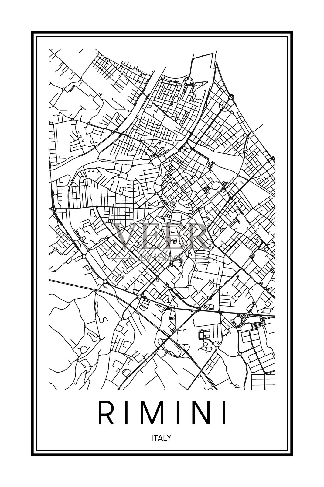 意大利城市里米尼的海报打印地图插画图片素材