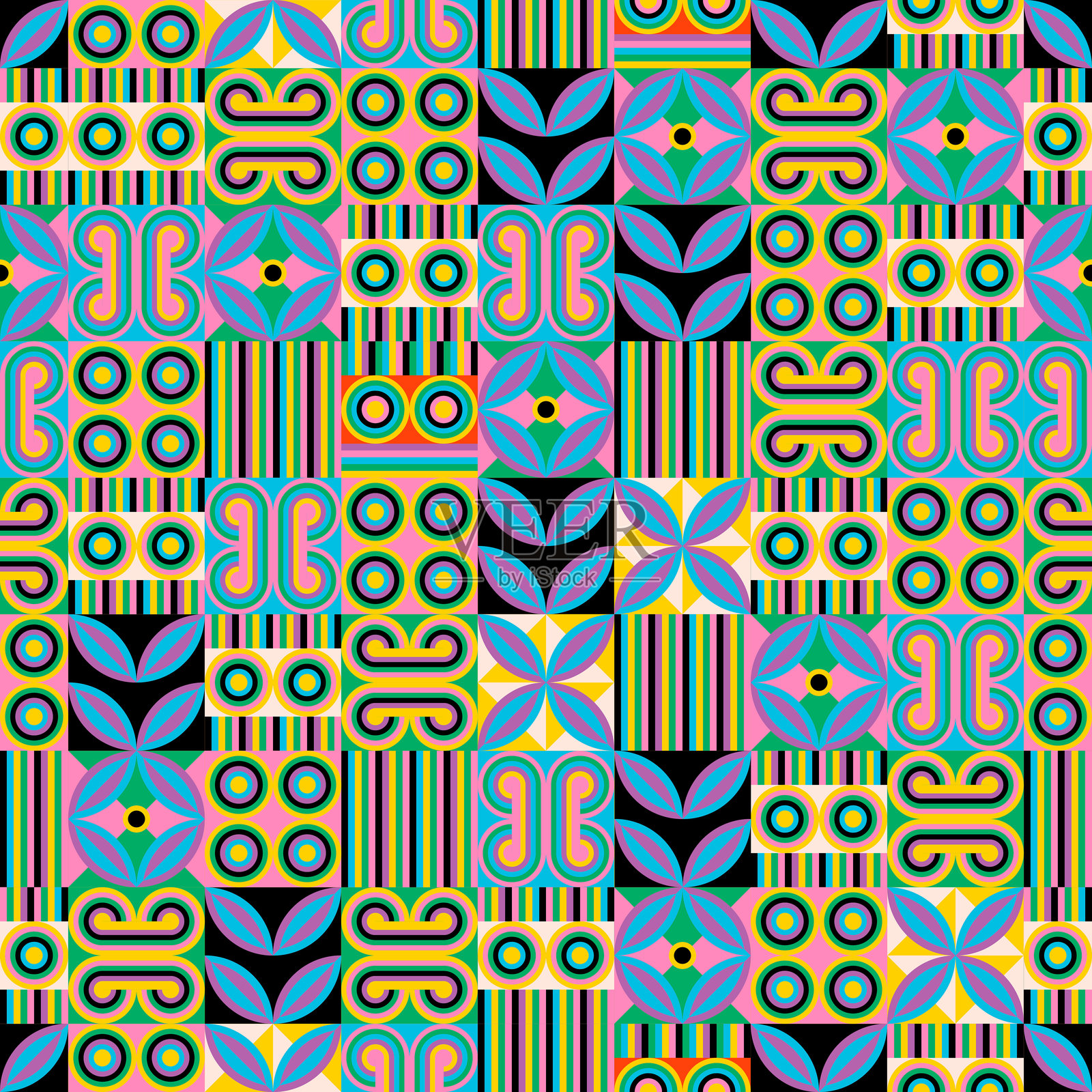 色彩丰富和对称性创造出一个多彩的万花筒无缝图案插画图片素材