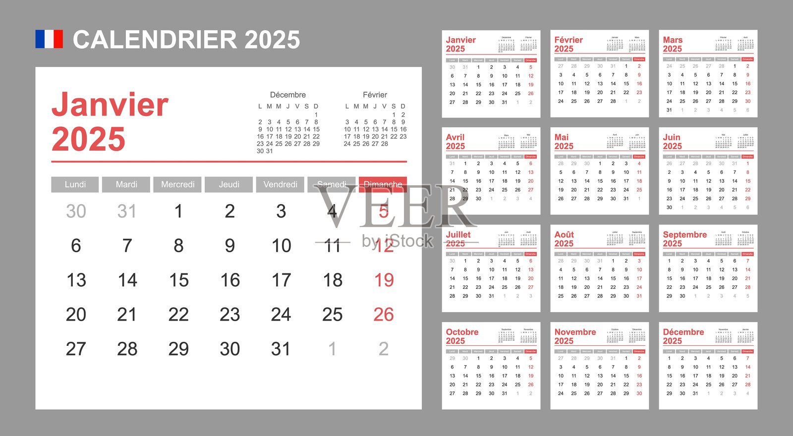 2025年法国日历。周一开始。简单的矢量模板。商务设计规划器。插画图片素材