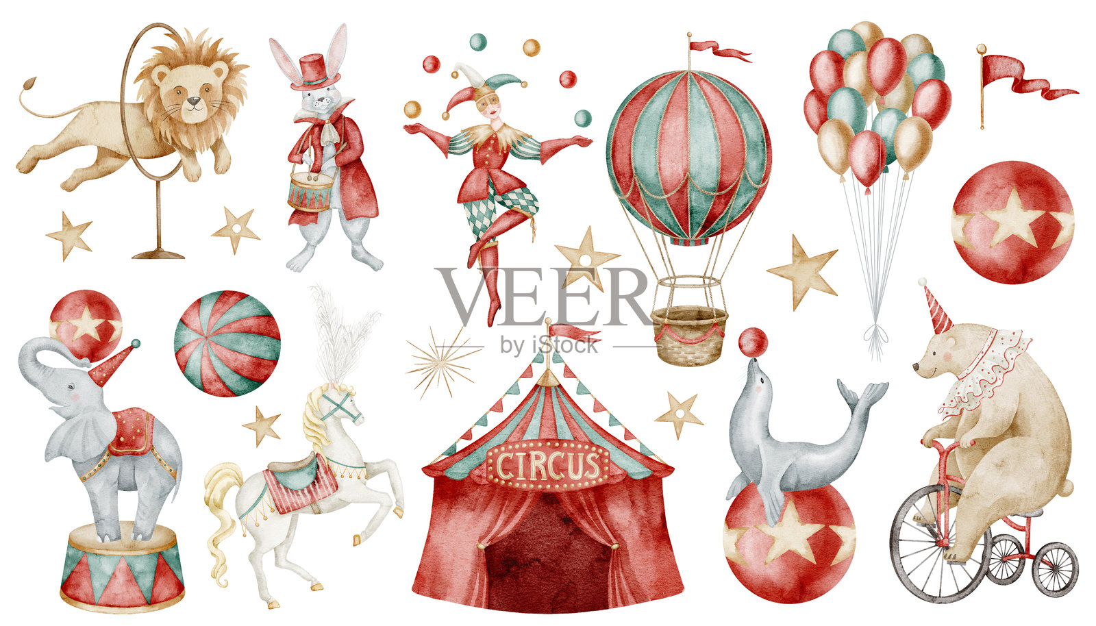 水彩马戏团套装，包含动物、帐篷、表演者和热气球。适合儿童贺卡或婴儿洗礼邀请的水彩插图，包括狮子、马和大象。海报艺术。插画图片素材