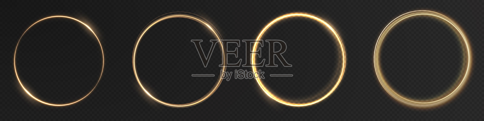 抽象的金色光环，带有发光的旋转效果，背景透明。现代矢量插图，展示了旋转的能量轨迹、弯曲的光束和闪烁的星光。插画图片素材