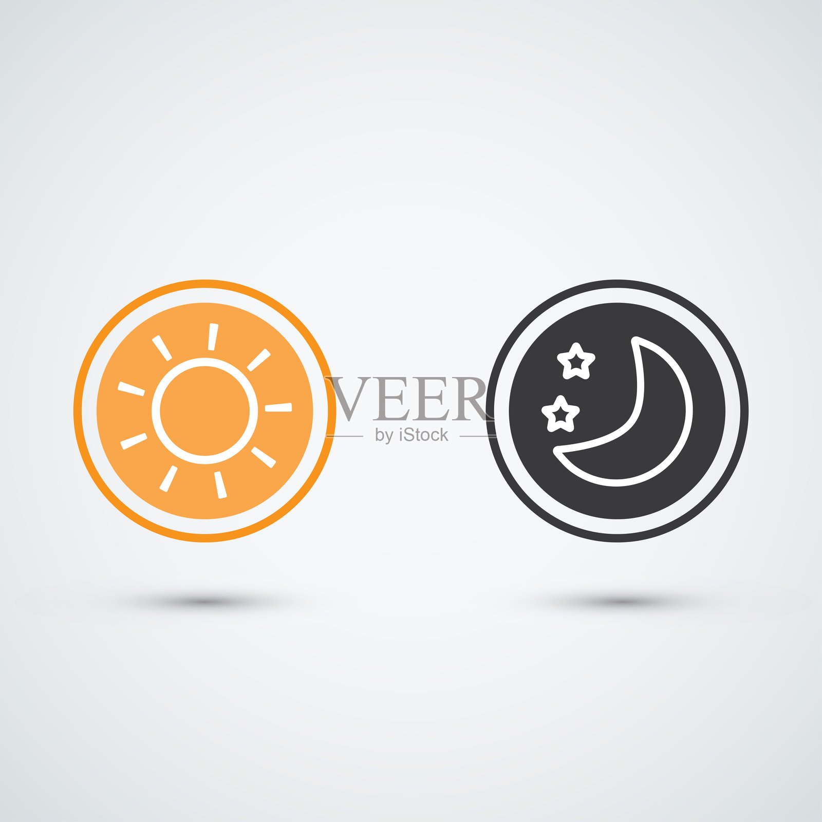 简单的日夜图标，橙色背景上的太阳，午夜插图中的月亮和星星插画图片素材