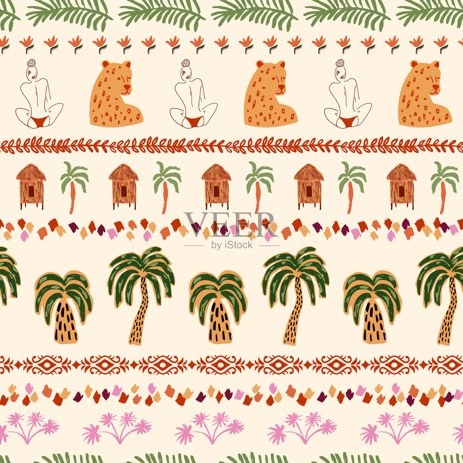 热带条纹无缝图案。夏季棕榈树、海滩房屋、女性形状、美洲虎。可爱的矢量印刷图案插画图片素材