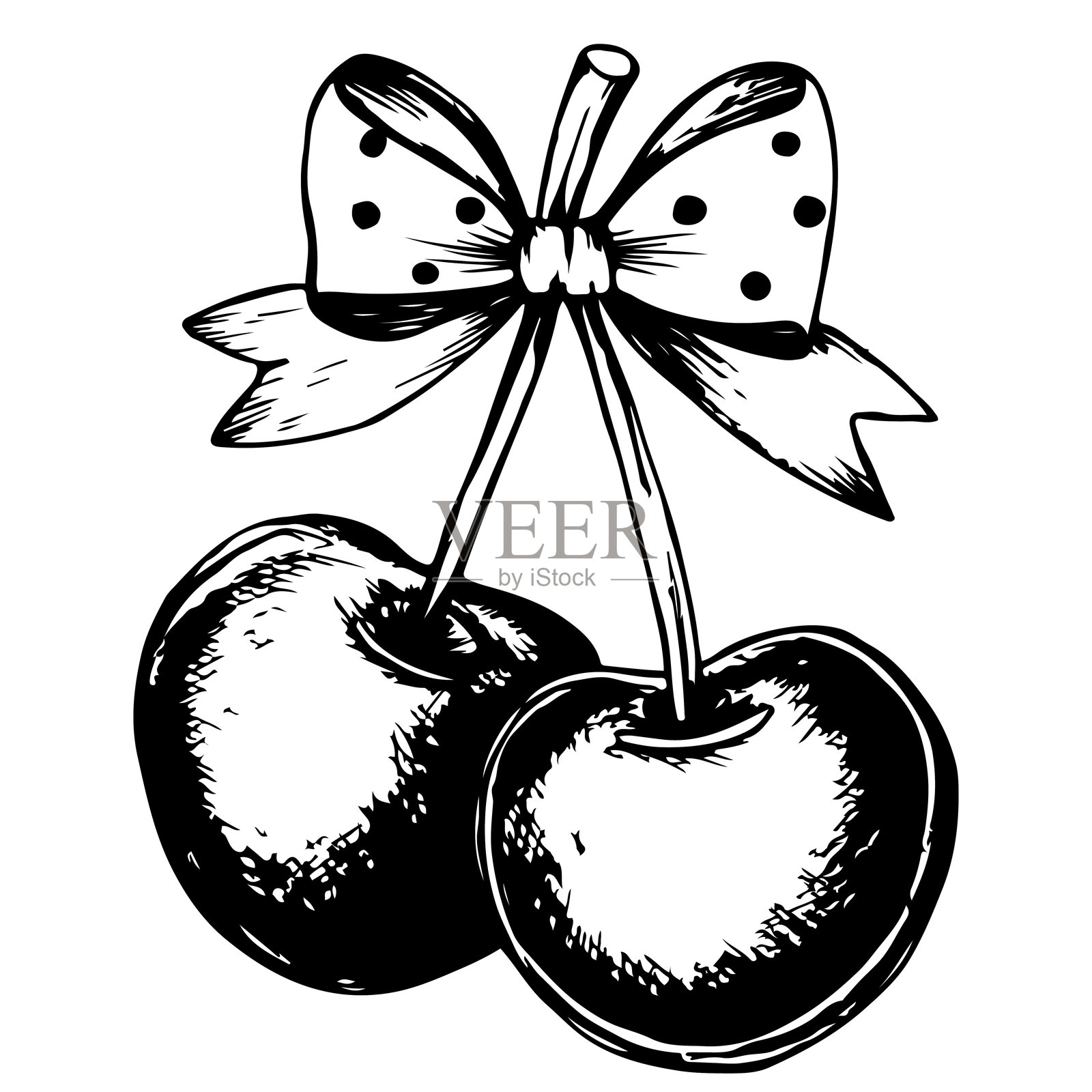 带有蝴蝶结的樱桃矢量涂鸦插图，适用于服装、卡片和其他设计。时尚的矢量印刷。白色背景上的两个樱桃。手绘。插画图片素材