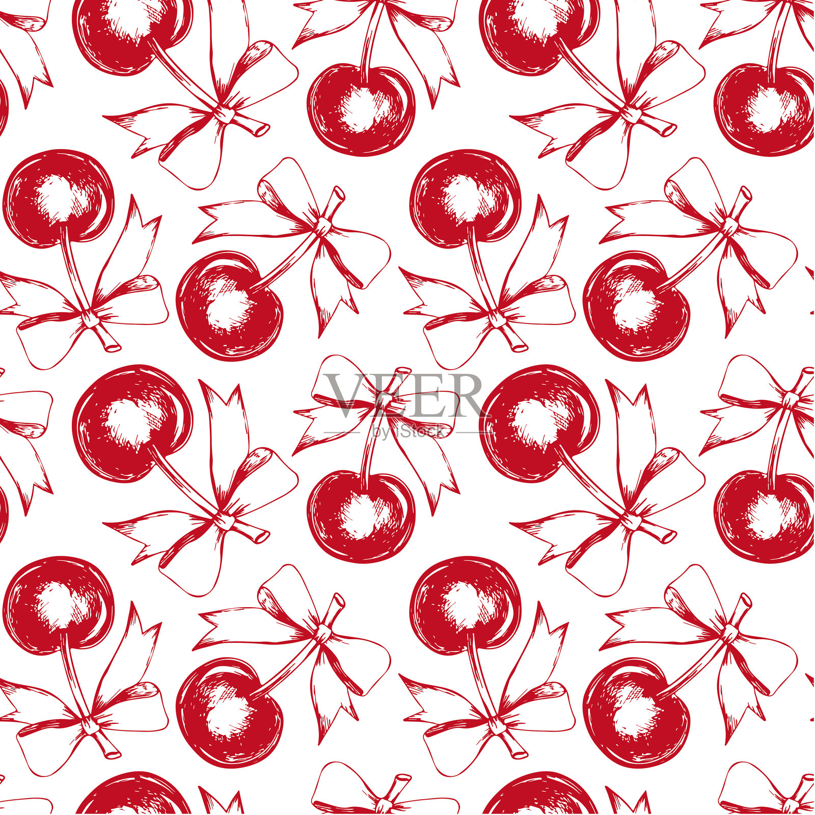 樱桃与蝴蝶结图案。时尚无缝红樱桃手绘插图，非人工智能设计，适用于服装、面料、纺织品、壁纸、包装及所有印刷品。插画图片素材