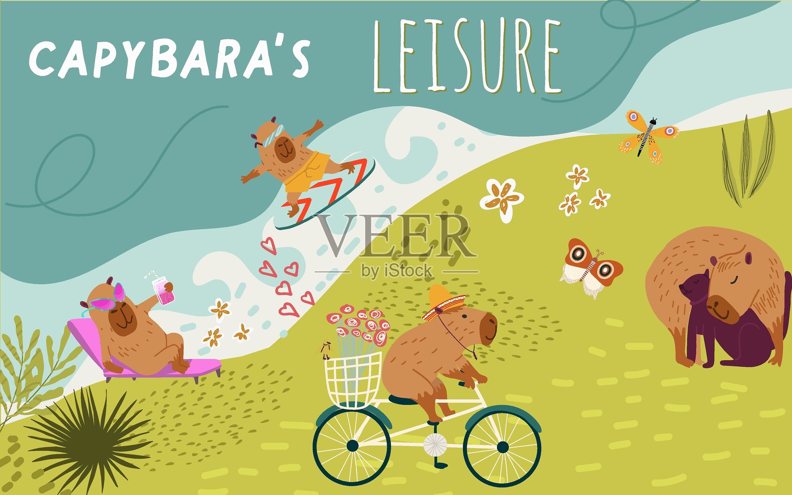 拼贴画，横幅，背景有可爱的水豚角色，夏季活动，骑自行车，冲浪，日光浴。手绘矢量插图。插画图片素材