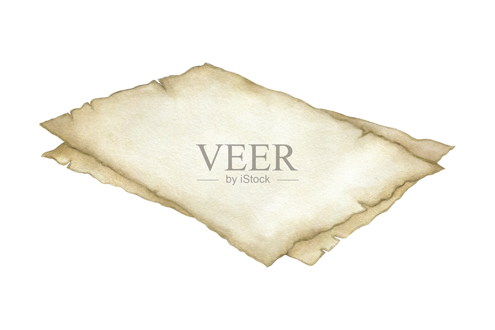 古老撕边的米色羊皮纸复古纸张。手绘水彩孤立插图的纸莎草。适用于复古设计、明信片、卡片和邀请函的文本空白模板。插画图片素材