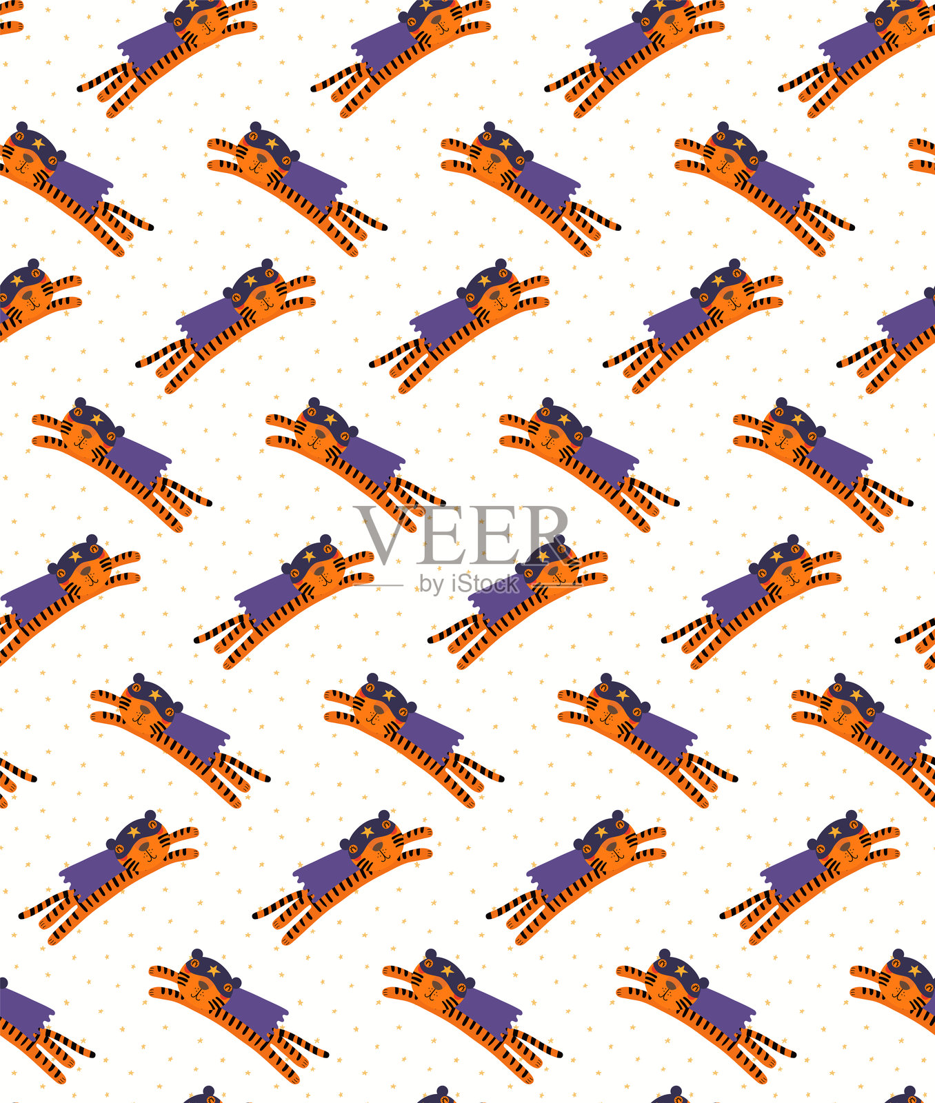 可爱的老虎超级英雄，星星，无缝图案插画图片素材
