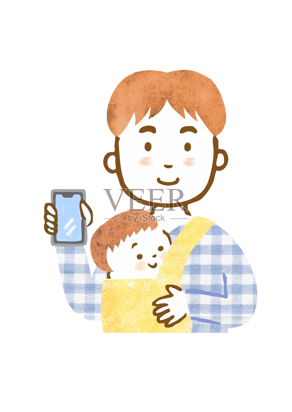 一名男子的上半身插图，他抱着一个男婴，使用婴儿背带，同时将智能手机屏幕指向我们。插画图片素材