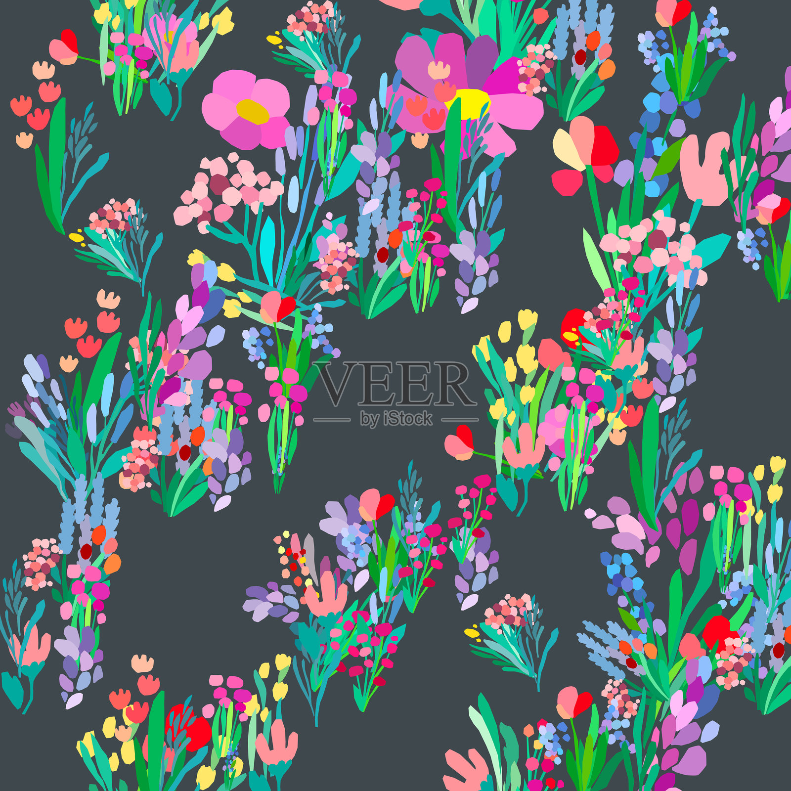 深色背景上的彩色花卉和叶子的无缝图案。花卉纺织印花。矢量野花。插画图片素材