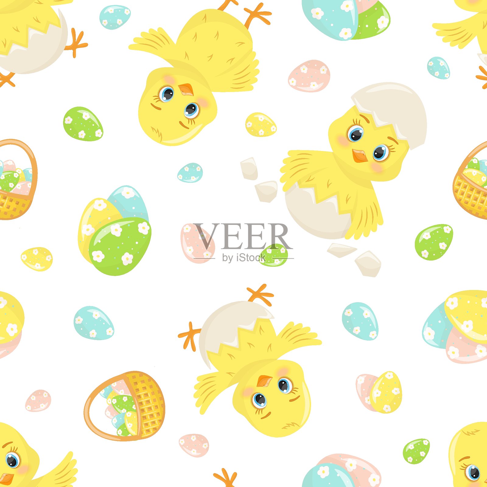 无缝图案 彩色复活节小鸡和鸡蛋插画图片素材