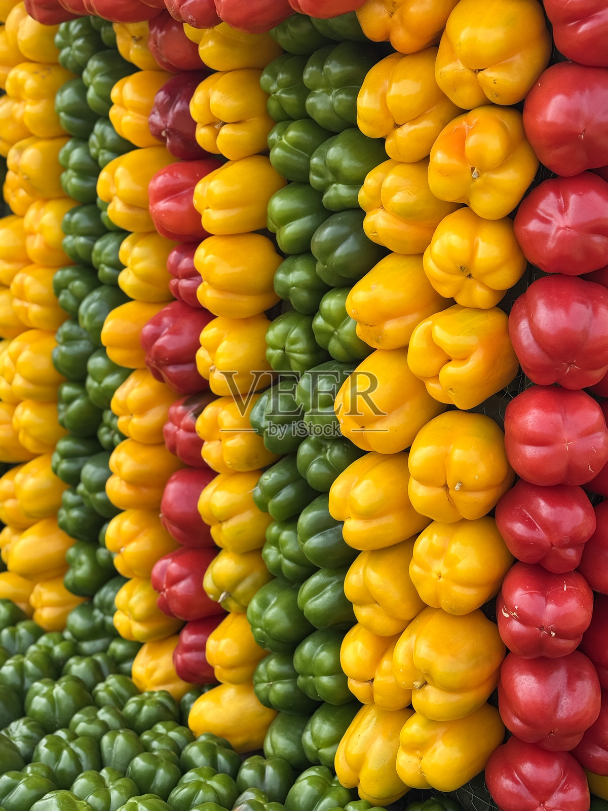 整幅图像展示了紧密排列的整颗绿色、红色和黄色甜椒（辣椒）的花纹蔬菜展示，3瓣和4瓣底部，重点在前景，健康饮食概念照片摄影图片