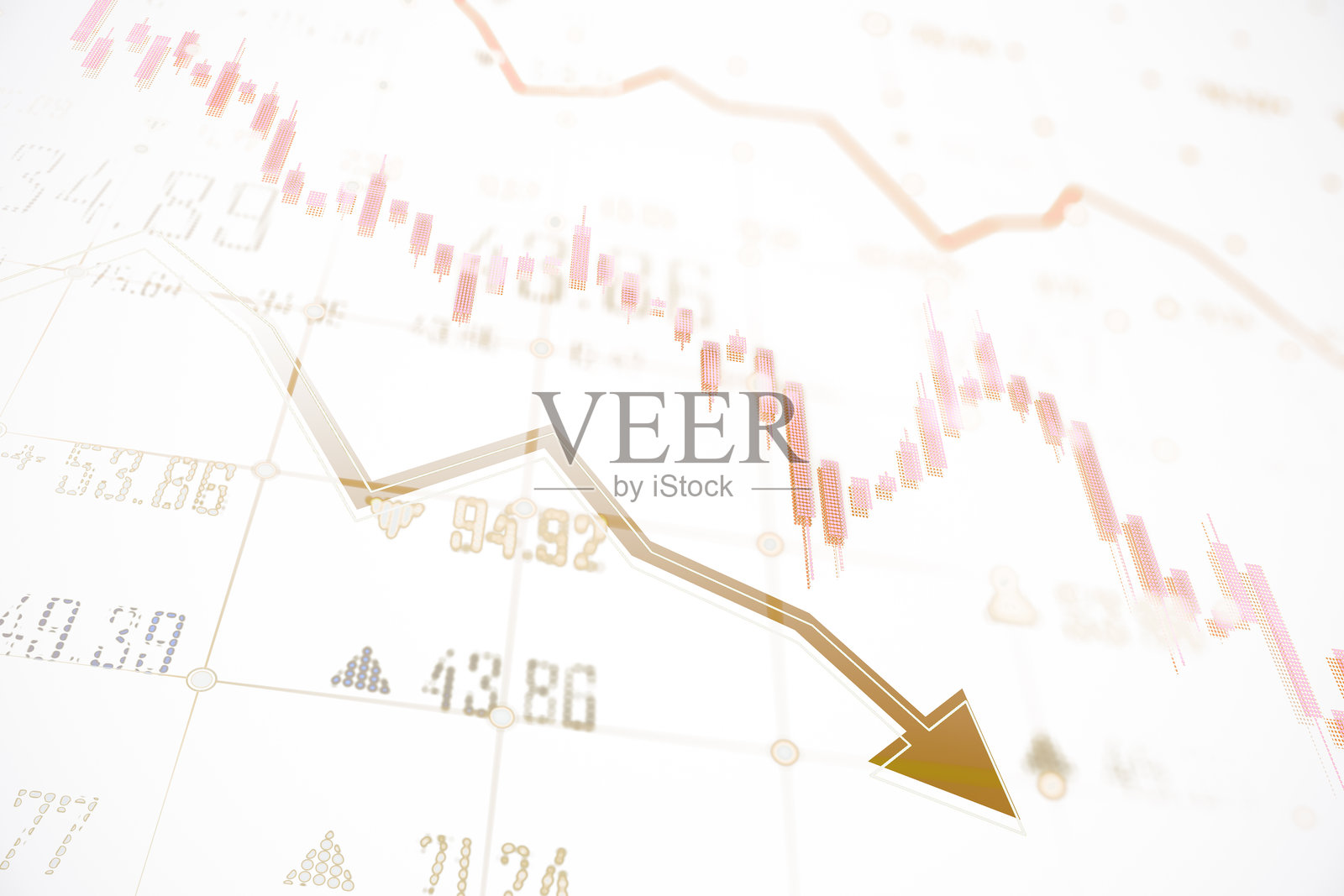 金融市场崩溃，伴随向下的箭头和下滑的图表。3D渲染。照片摄影图片